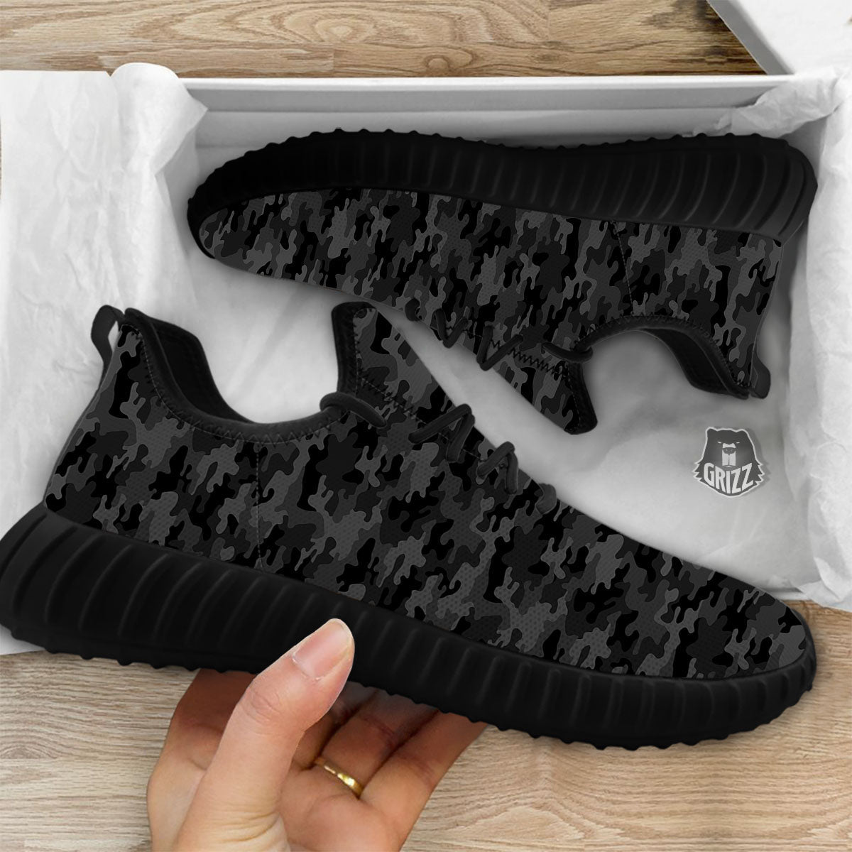 Camouflage Grey And Black Print Black Walking Shoes-grizzshop