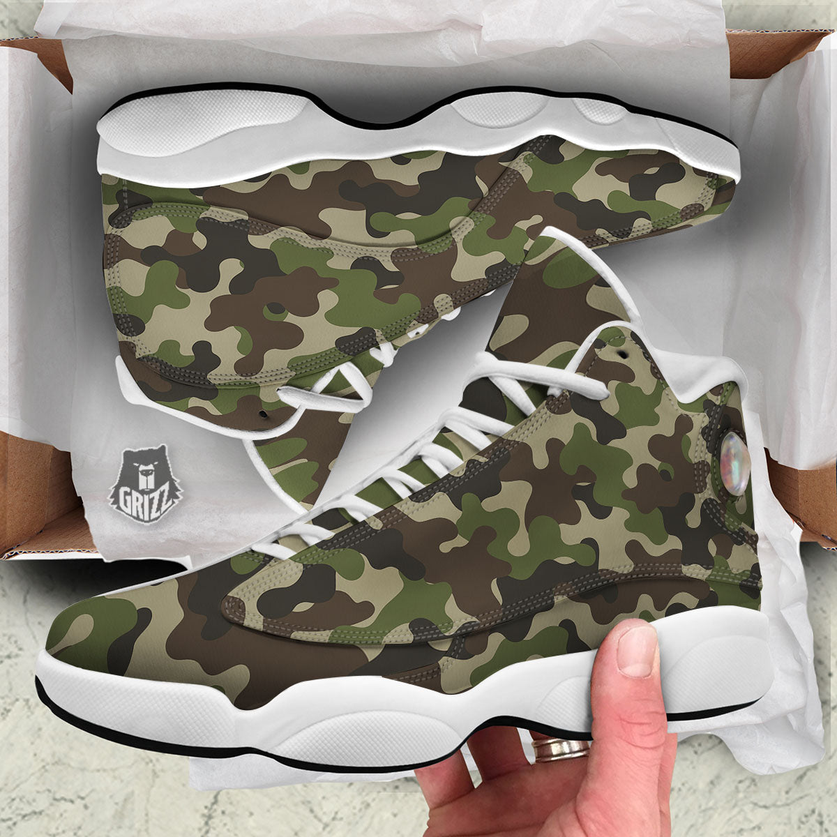 Camouflage Jungle Hunting Print White Basketball Shoes-grizzshop