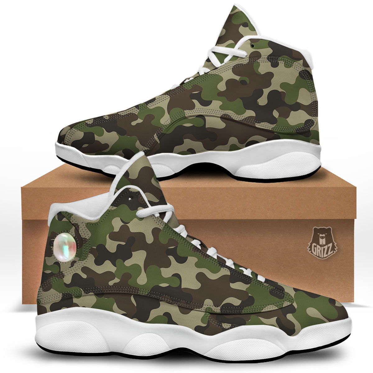 Camouflage Jungle Hunting Print White Basketball Shoes-grizzshop