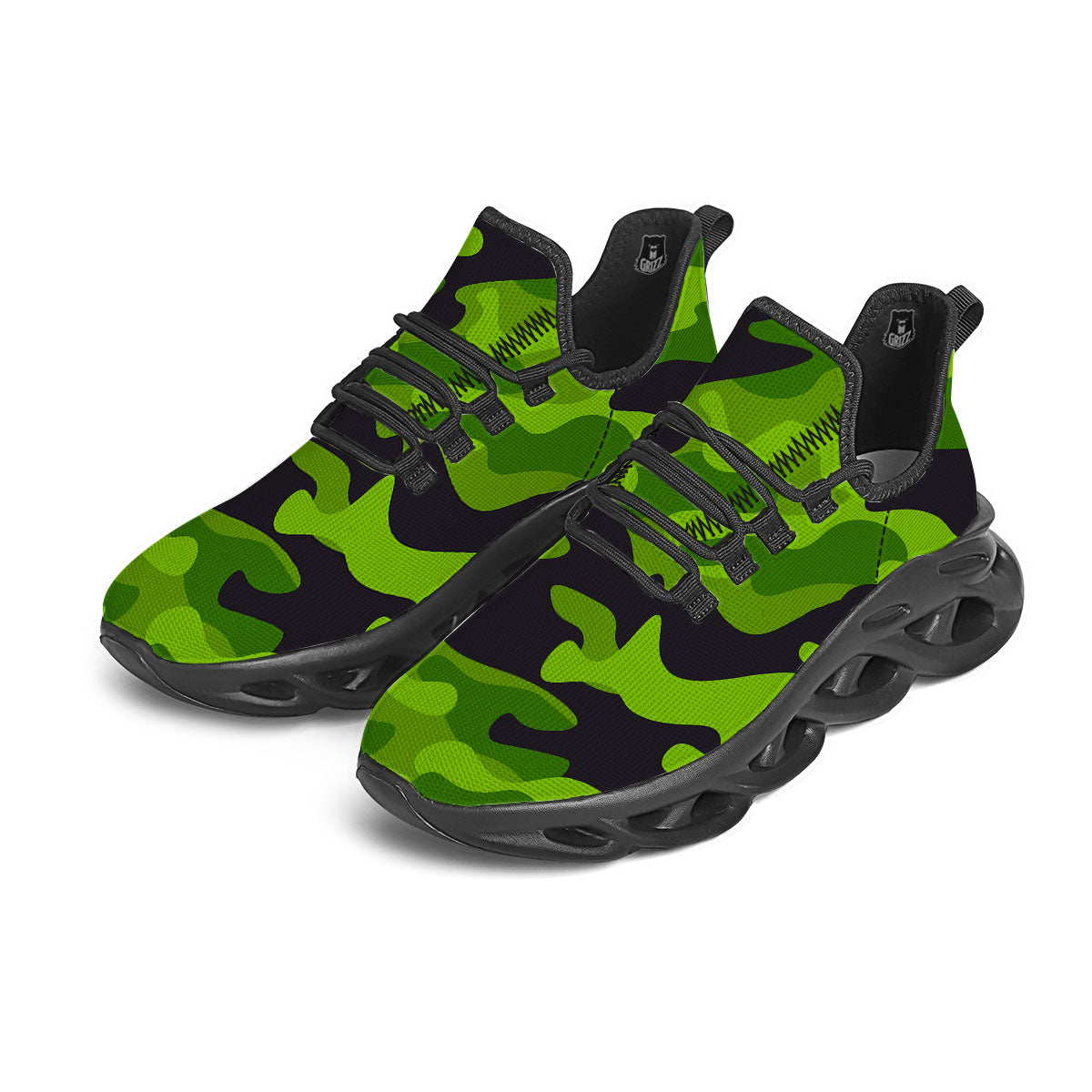 Camouflage Lime Green Print Black Running Shoes-grizzshop