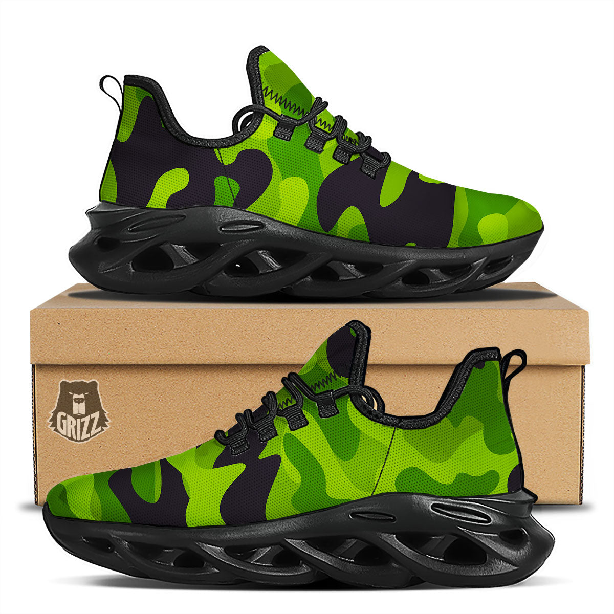 Camouflage Lime Green Print Black Running Shoes-grizzshop