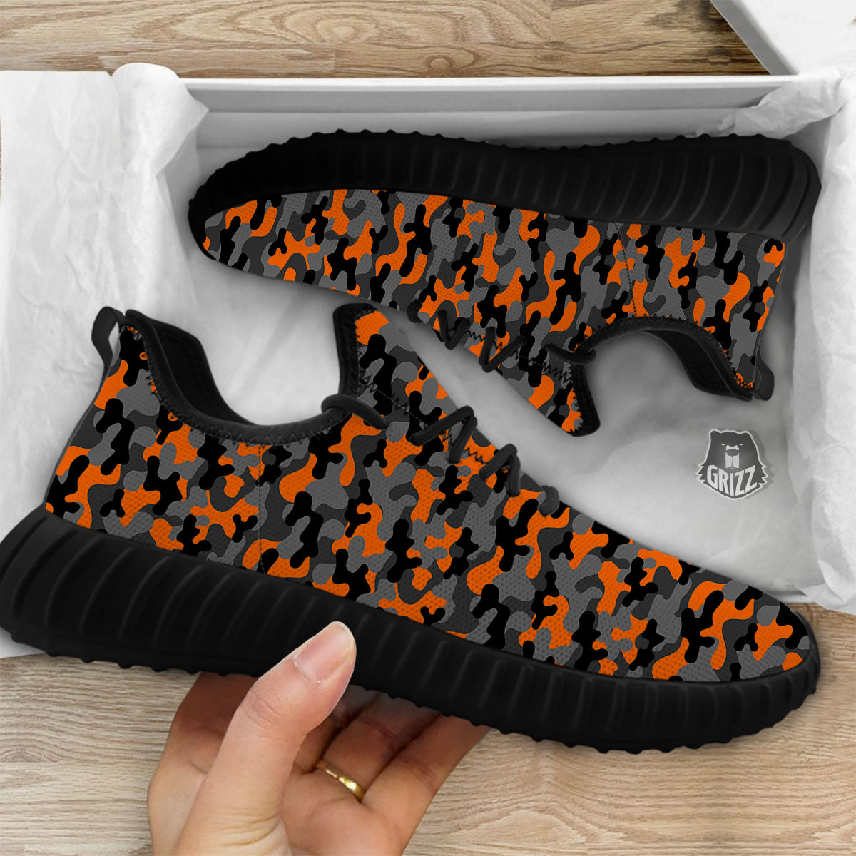 Camouflage Orange And Black Print Black Walking Shoes-grizzshop