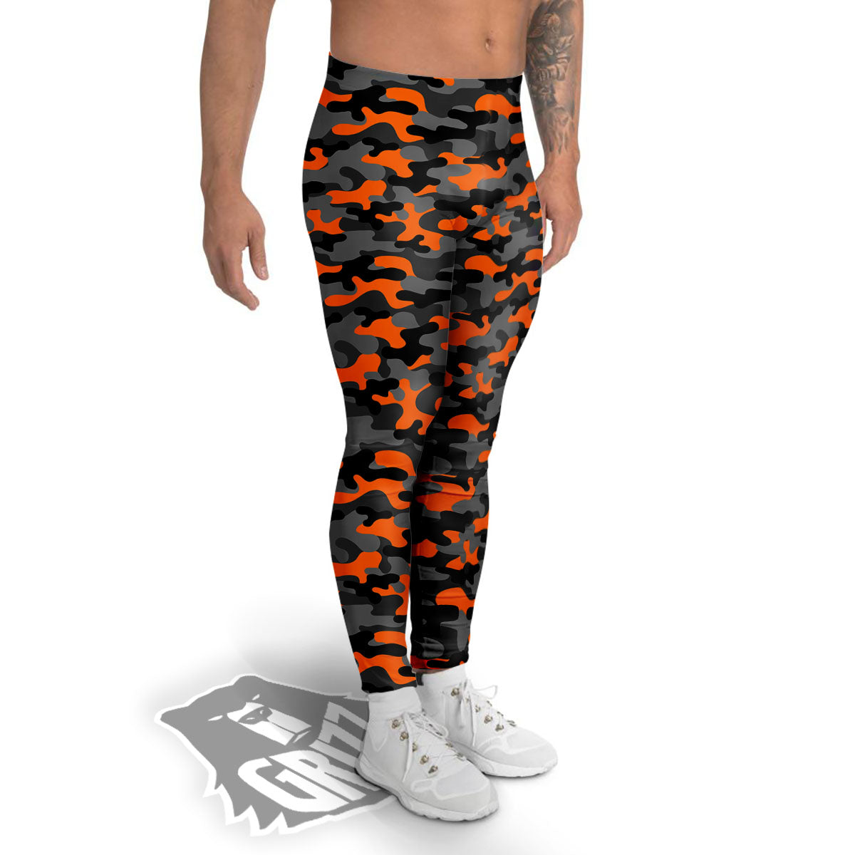 Camouflage Orange And Black Print Men's Leggings-grizzshop