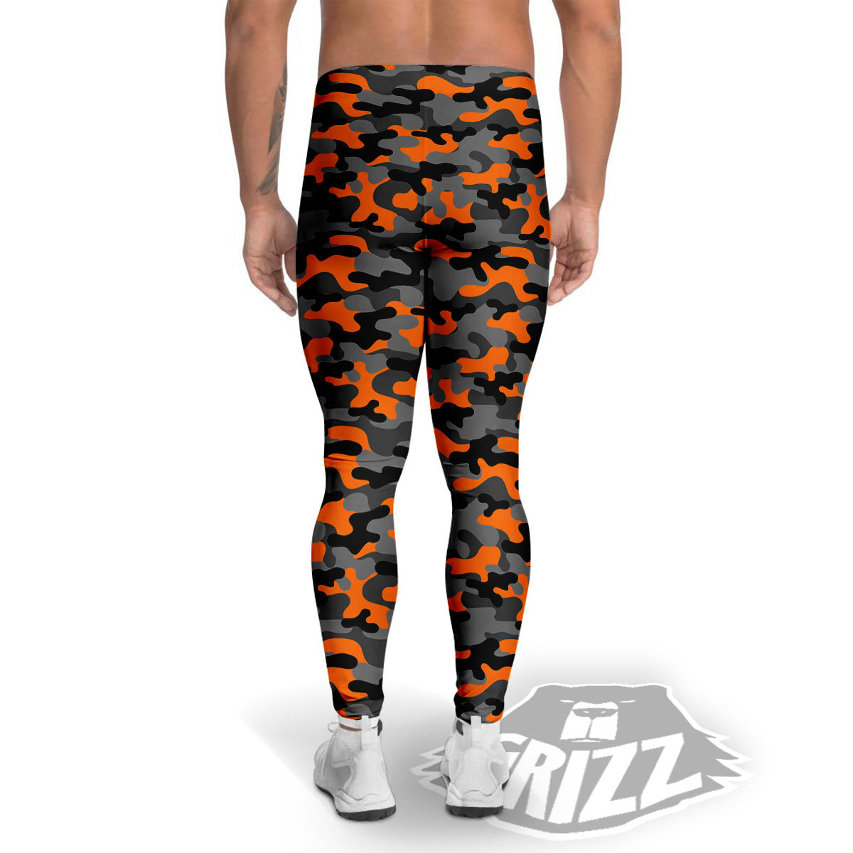 Camouflage Orange And Black Print Men's Leggings-grizzshop
