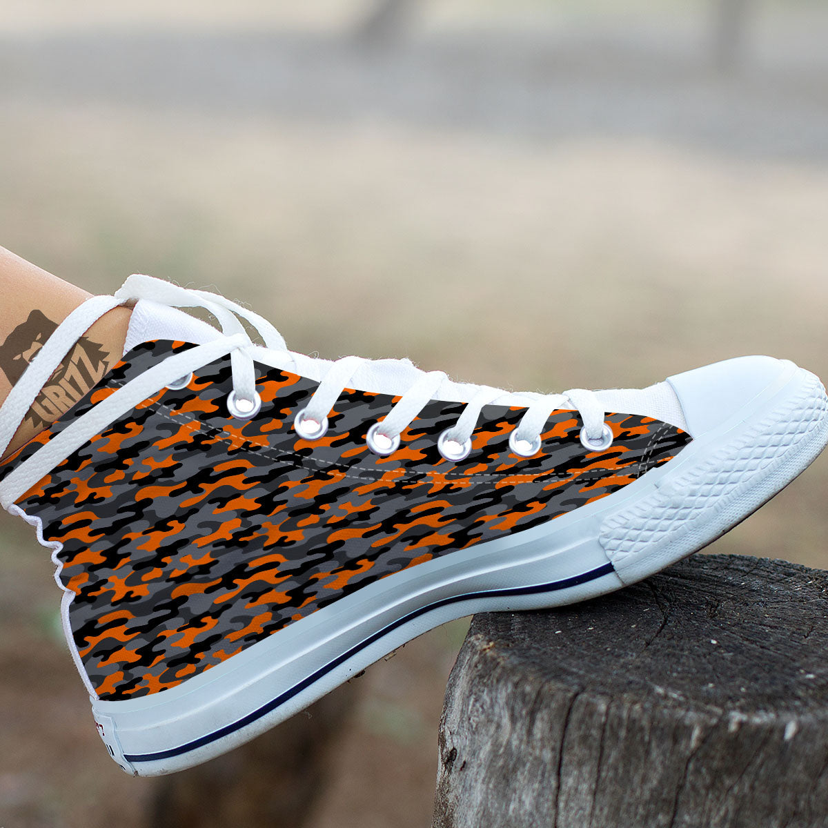 Camouflage Orange And Black Print White High Top Shoes-grizzshop