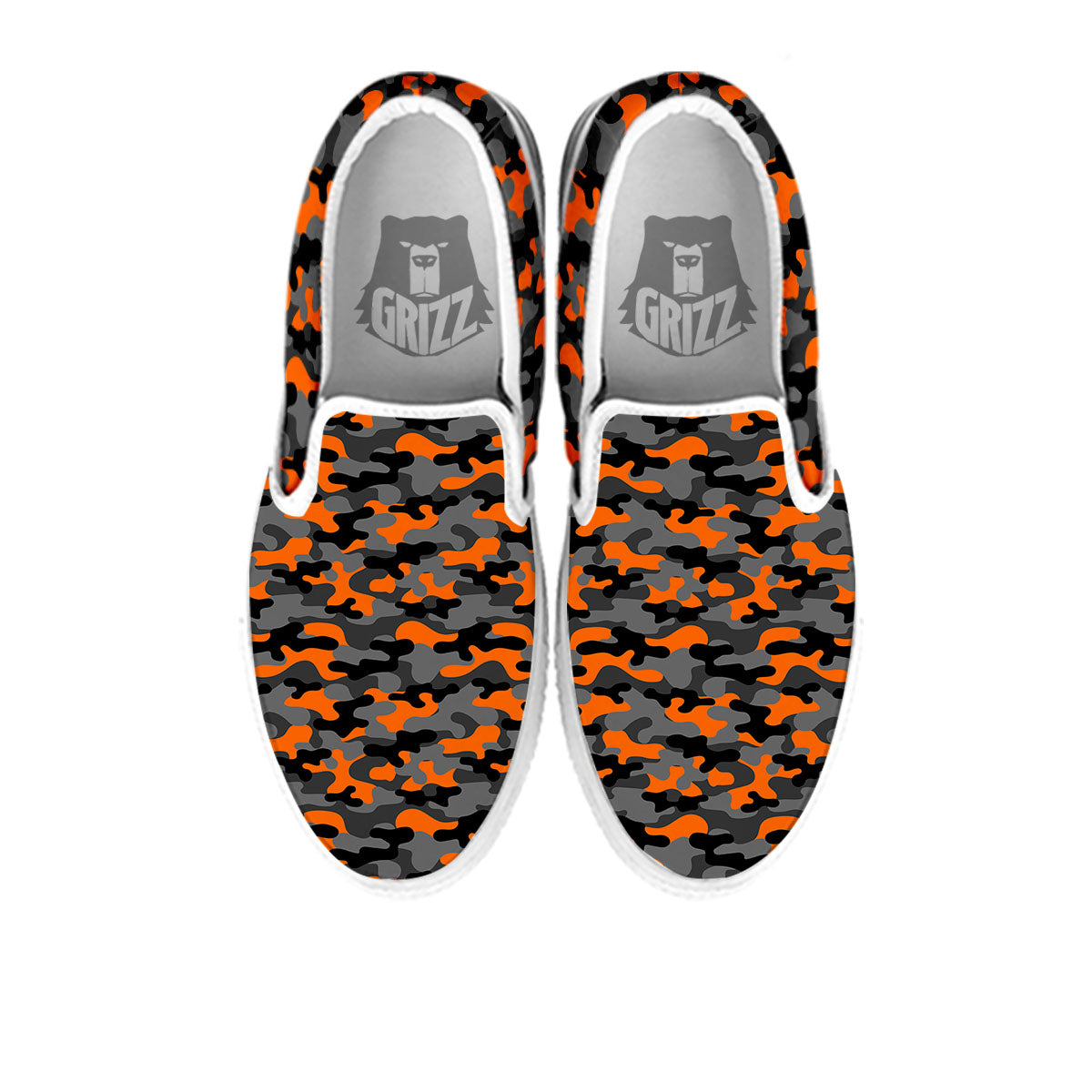 Camouflage Orange And Black Print White Slip On Shoes-grizzshop