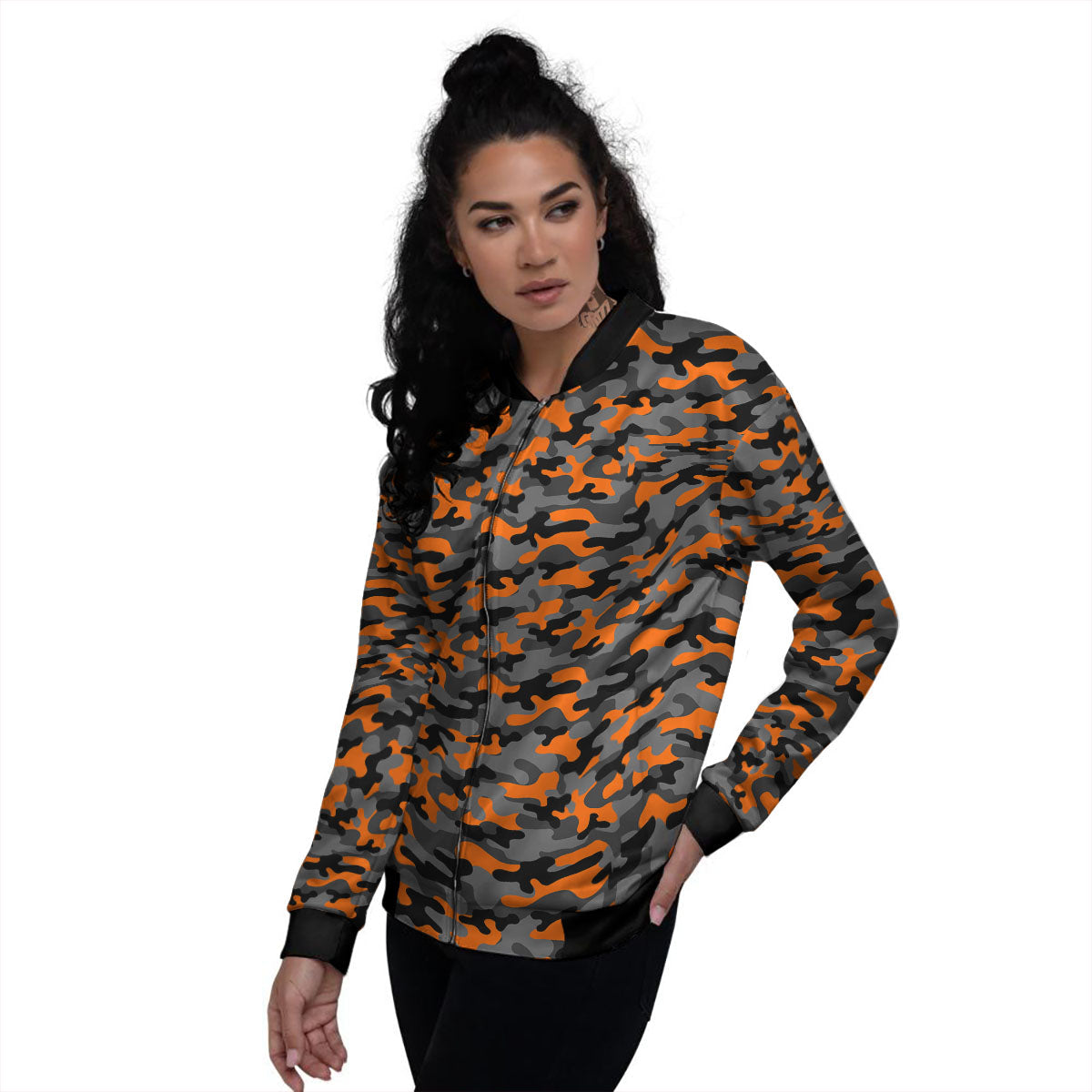Camouflage Orange And Black Print Women's Bomber Jacket-grizzshop