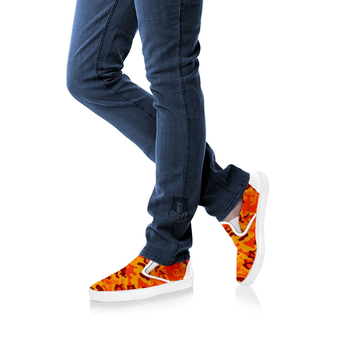 Camouflage Orange Print White Slip On Shoes-grizzshop