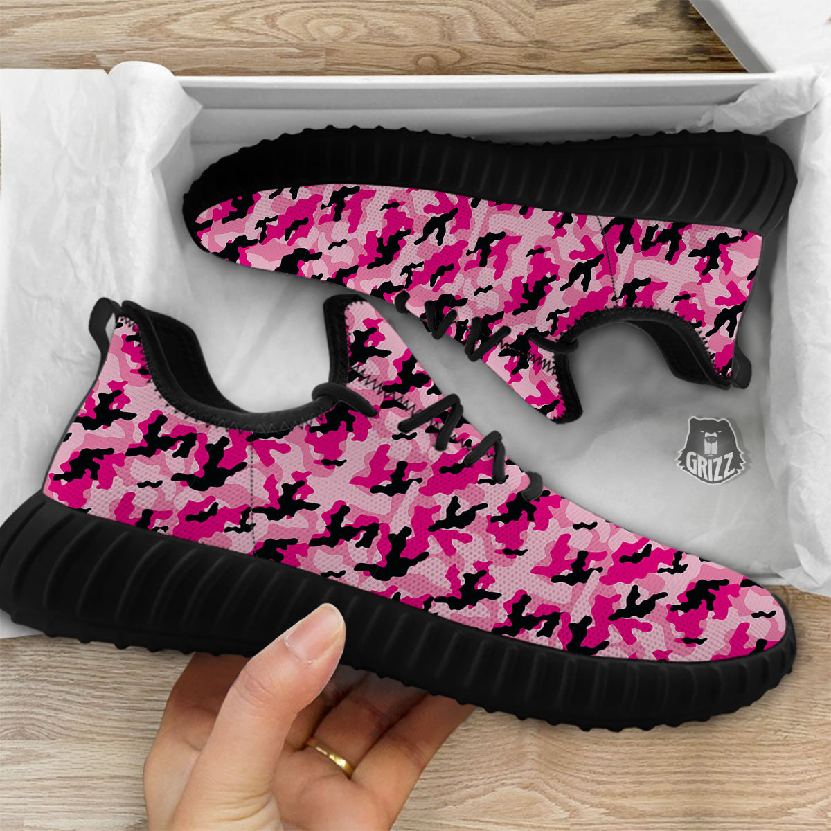 Camouflage Pink And Black Print Black Walking Shoes-grizzshop