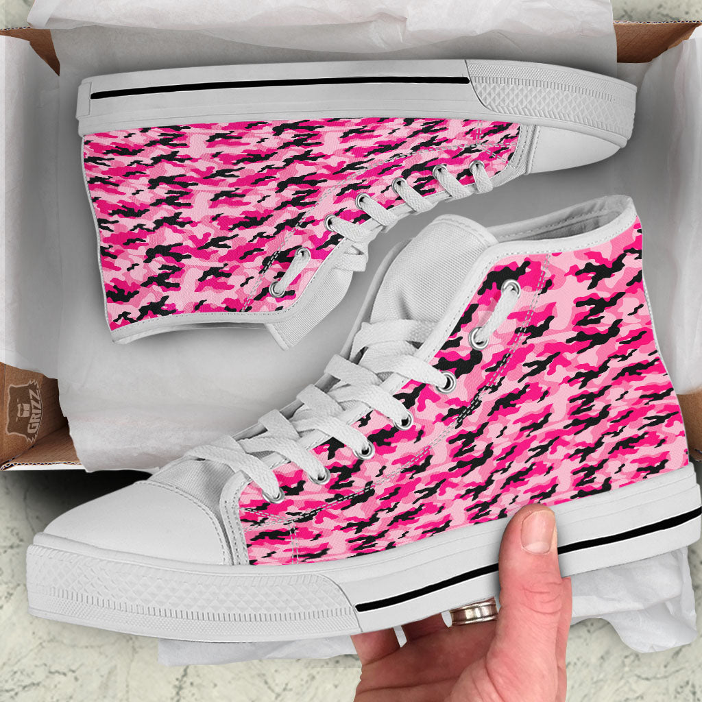 Camouflage Pink And Black Print White High Top Shoes-grizzshop