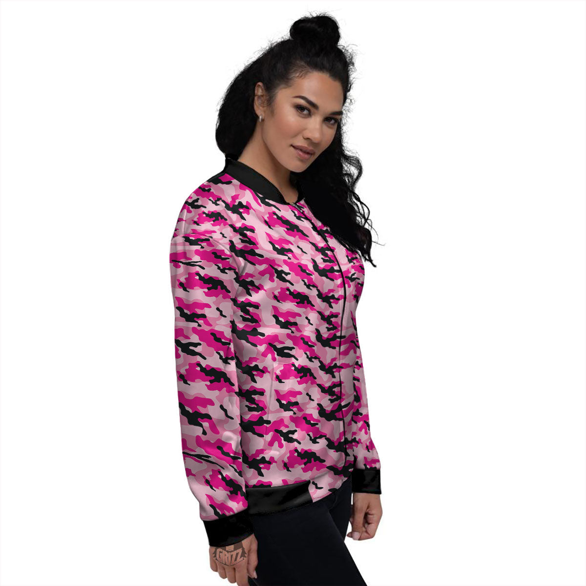 Camouflage Pink And Black Print Women's Bomber Jacket-grizzshop