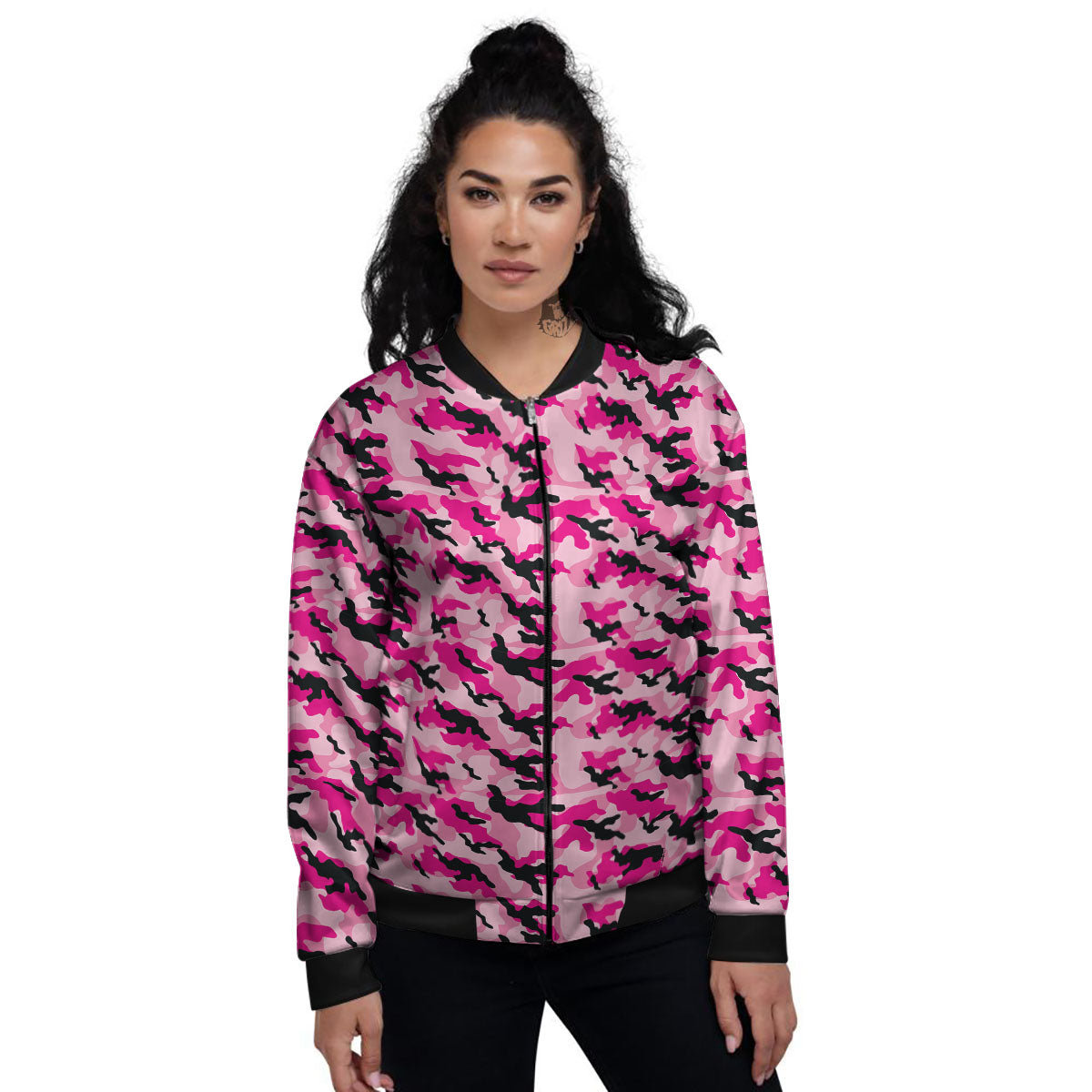 Camouflage Pink And Black Print Women's Bomber Jacket-grizzshop