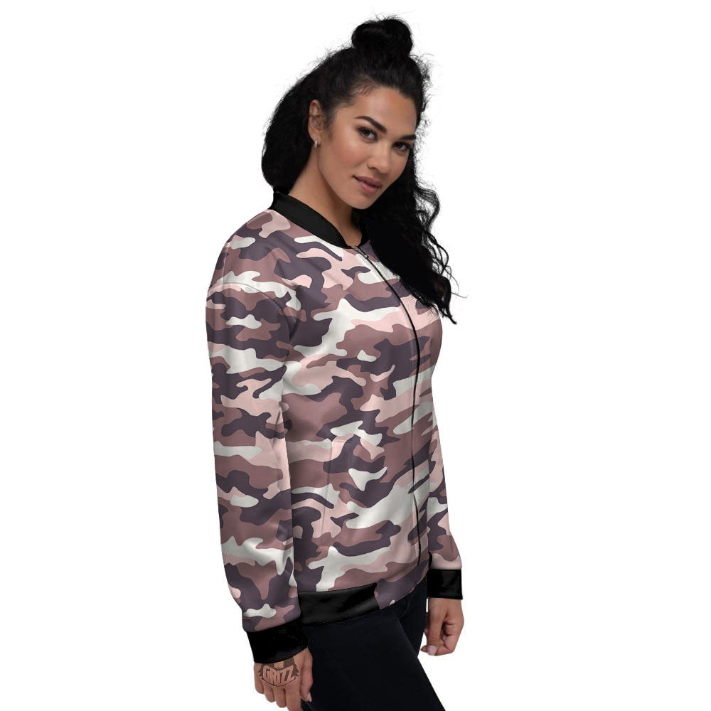 Camouflage Pink Brown Print Women's Bomber Jacket-grizzshop