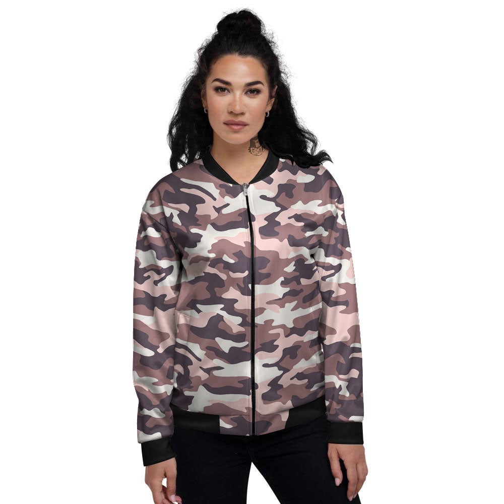 Camouflage Pink Brown Print Women's Bomber Jacket-grizzshop