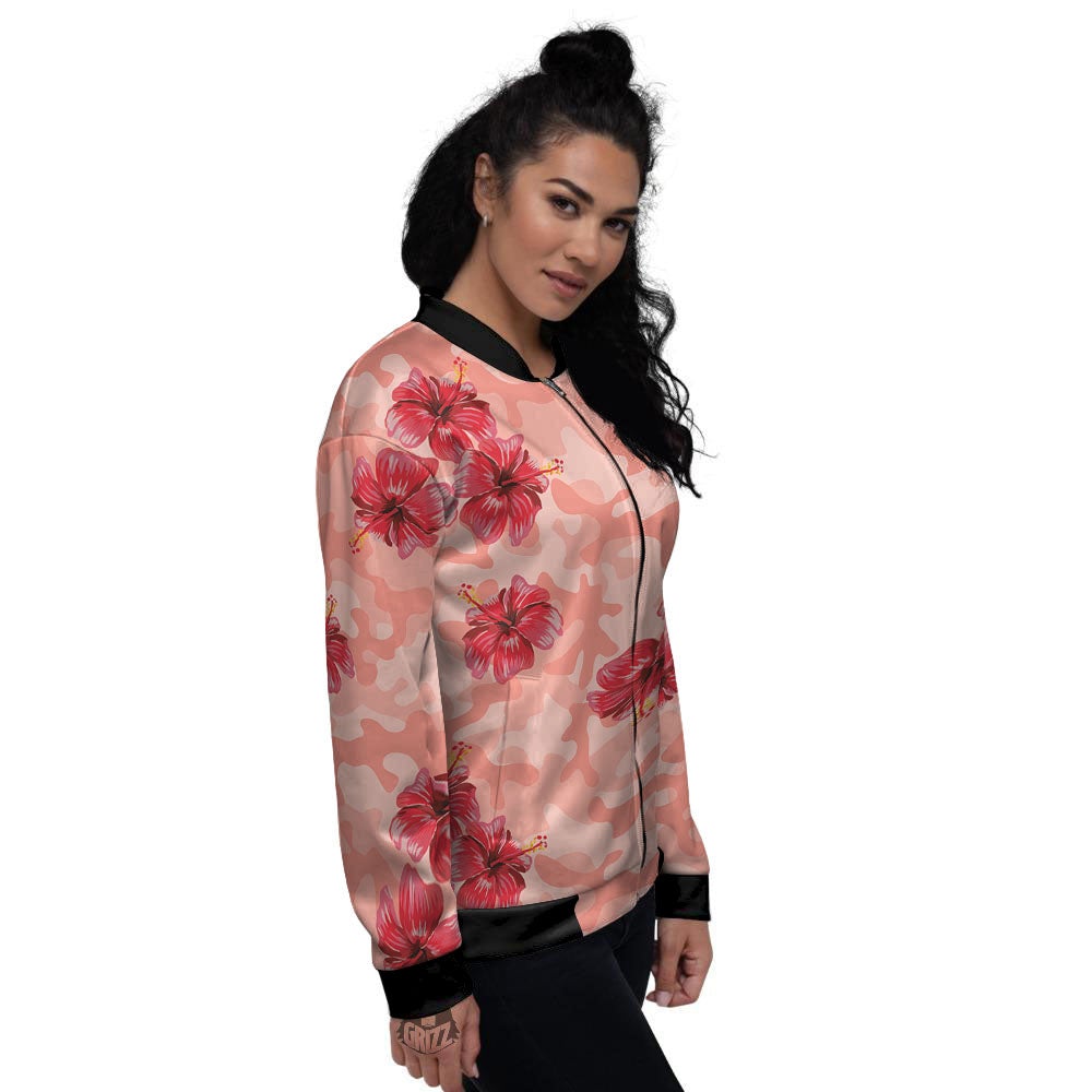 Camouflage Pink Hibiscus Flower Print Pattern Women's Bomber Jacket-grizzshop