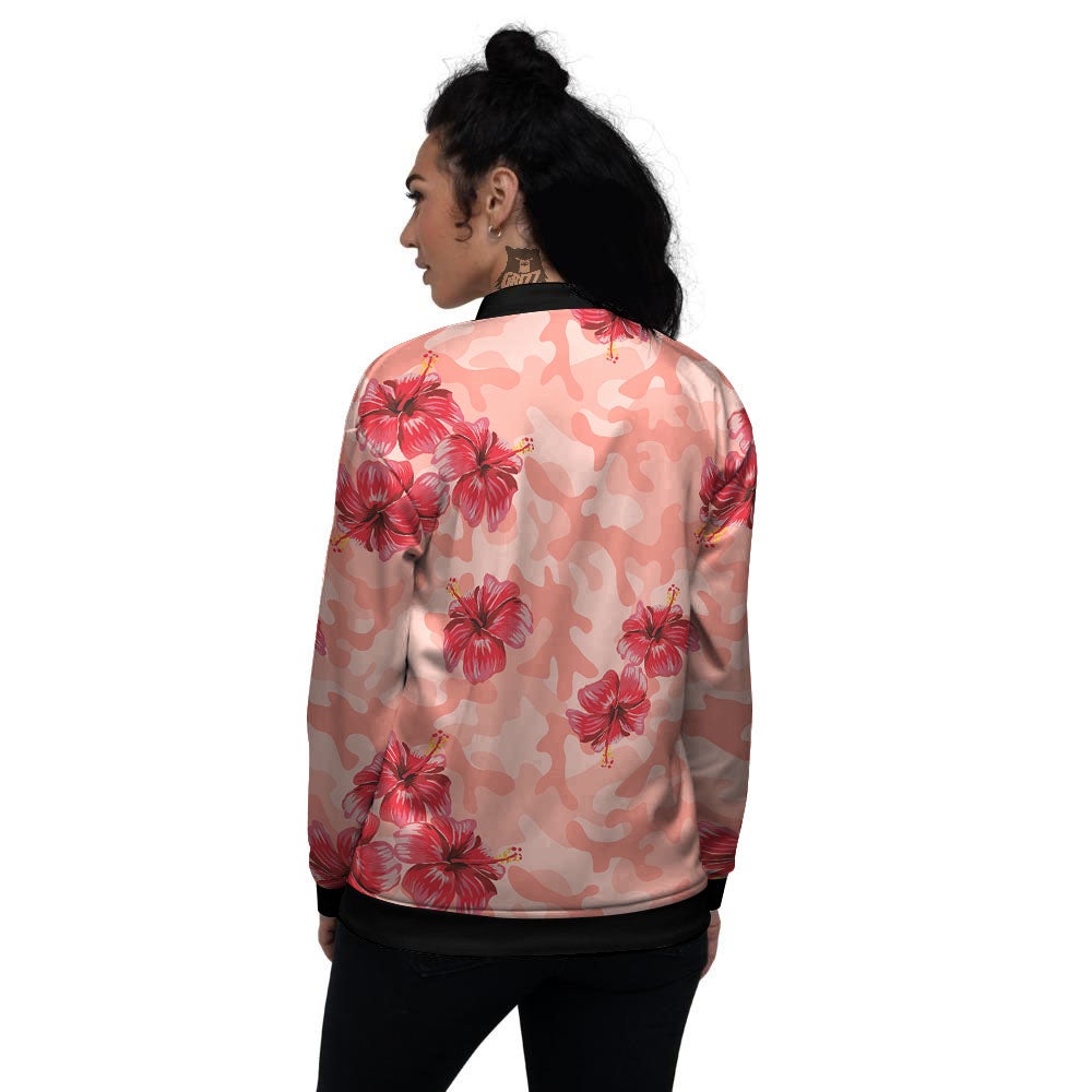 Camouflage Pink Hibiscus Flower Print Pattern Women's Bomber Jacket-grizzshop