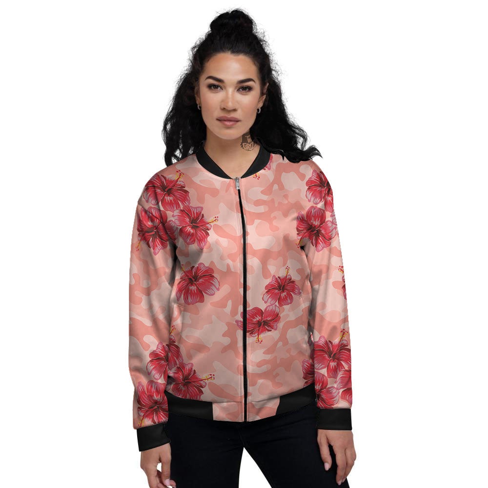 Camouflage Pink Hibiscus Flower Print Pattern Women's Bomber Jacket-grizzshop