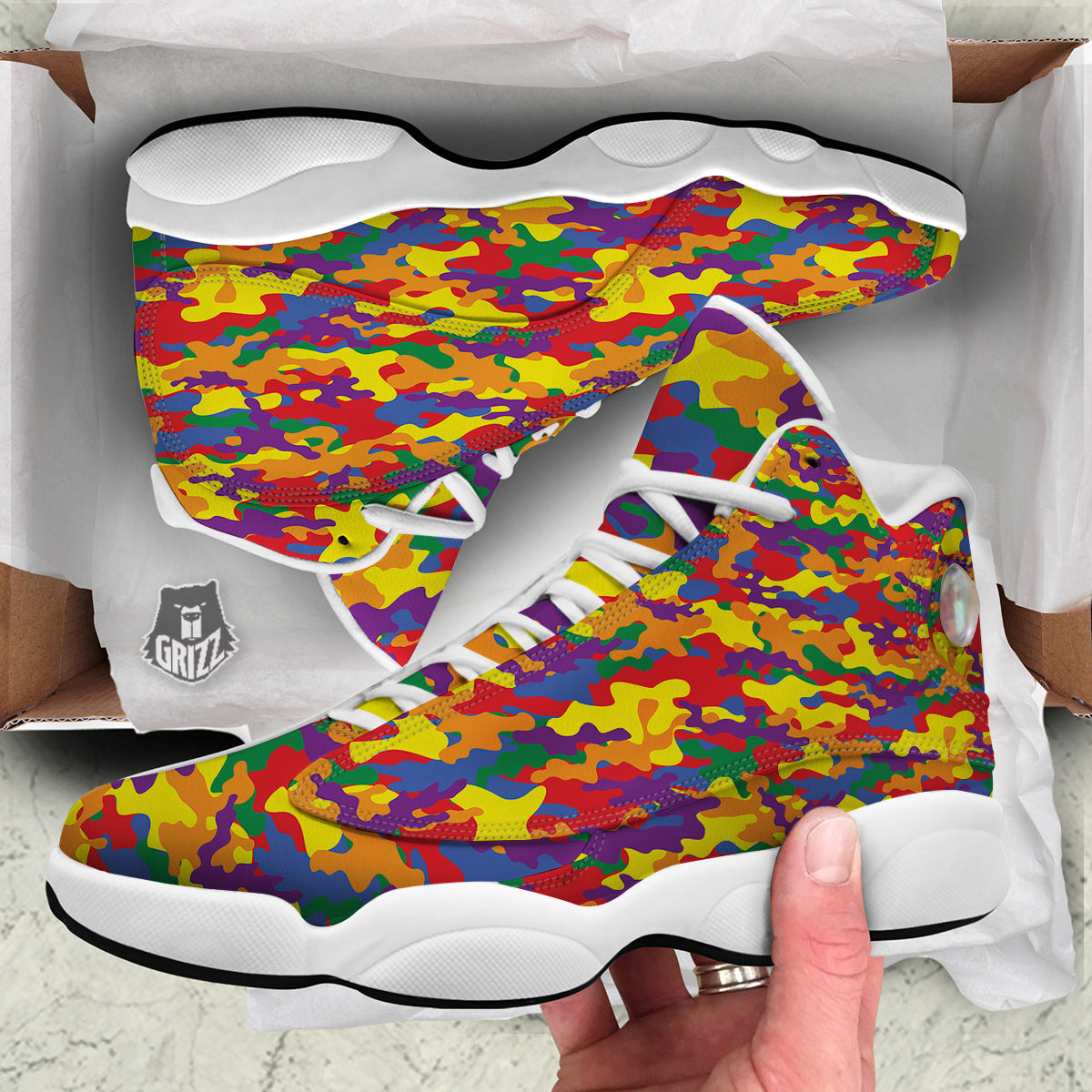 Camouflage Rainbow Print White Basketball Shoes-grizzshop