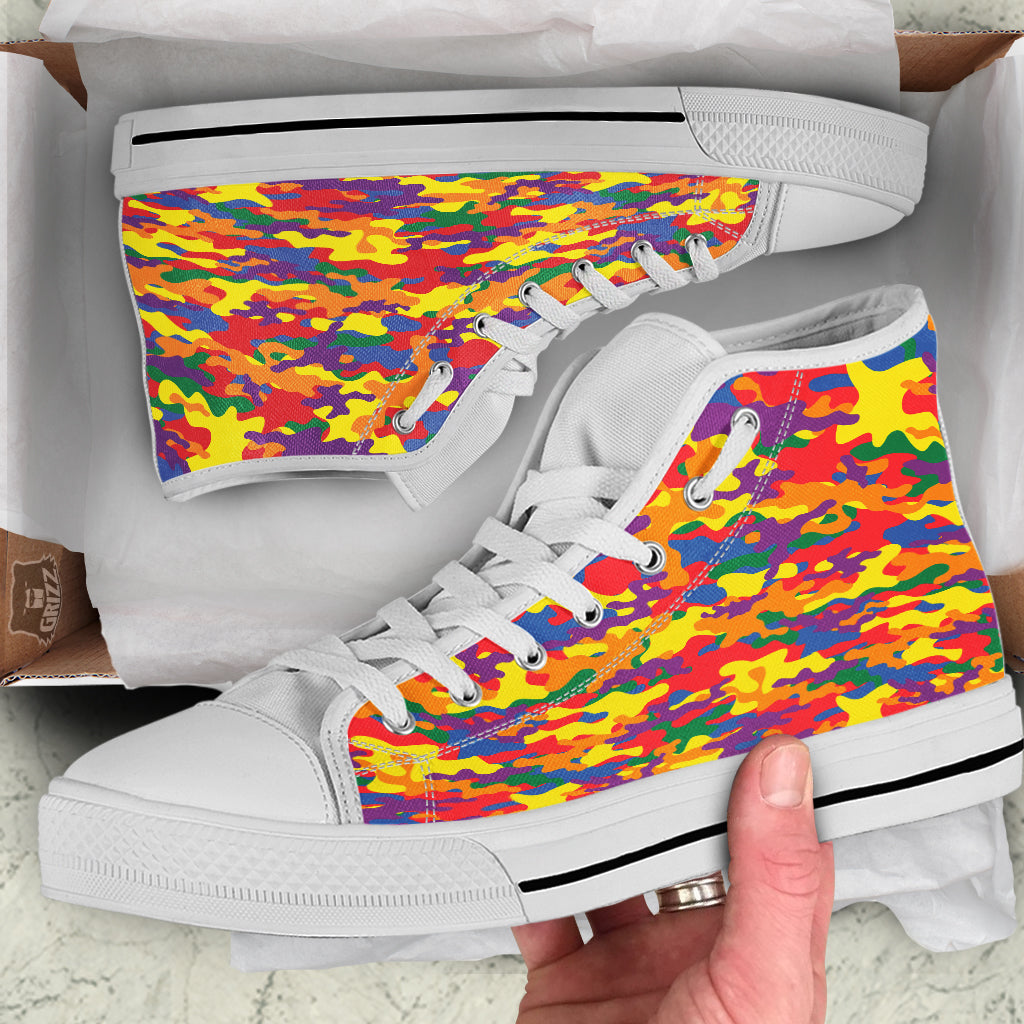 Camouflage Rainbow Print White High Top Shoes-grizzshop