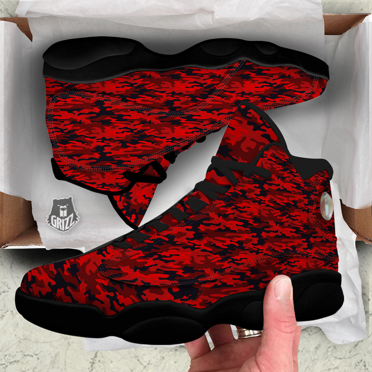 Camouflage Red And Black Print Black Basketball Shoes-grizzshop