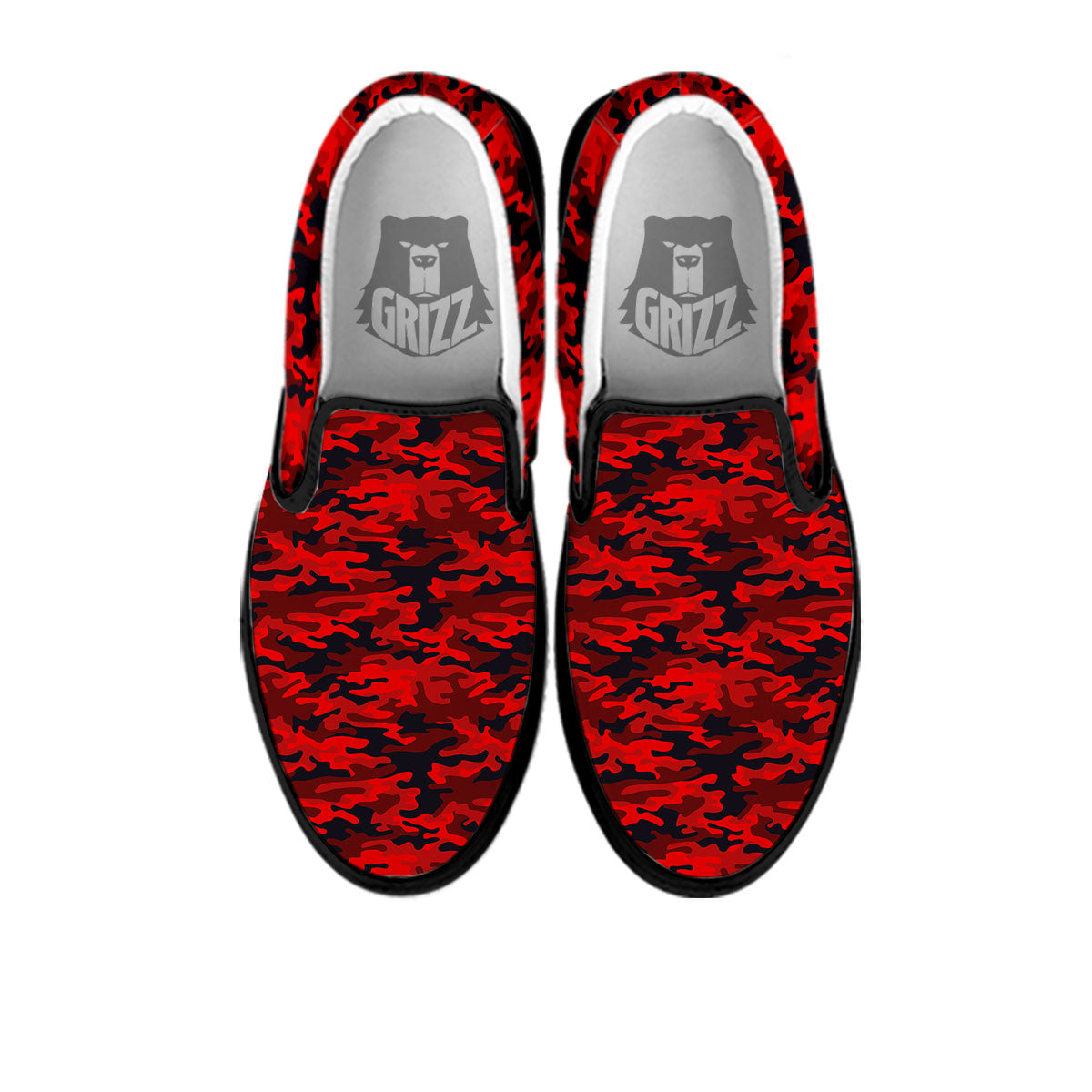 Camouflage Red And Black Print Black Slip On Shoes-grizzshop