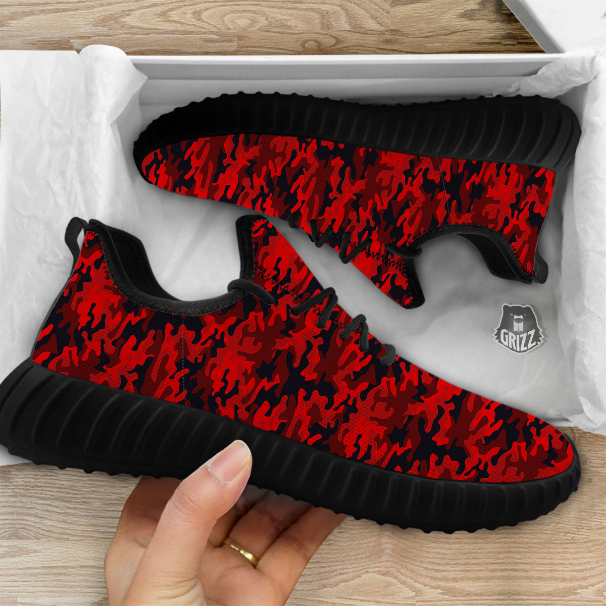 Camouflage Red And Black Print Black Walking Shoes-grizzshop