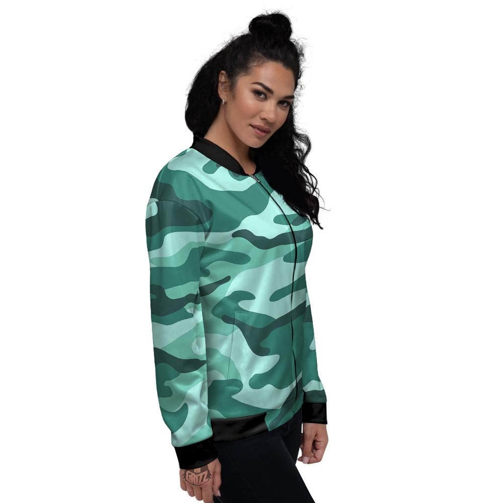 Camouflage Teal Print Women's Bomber Jacket-grizzshop