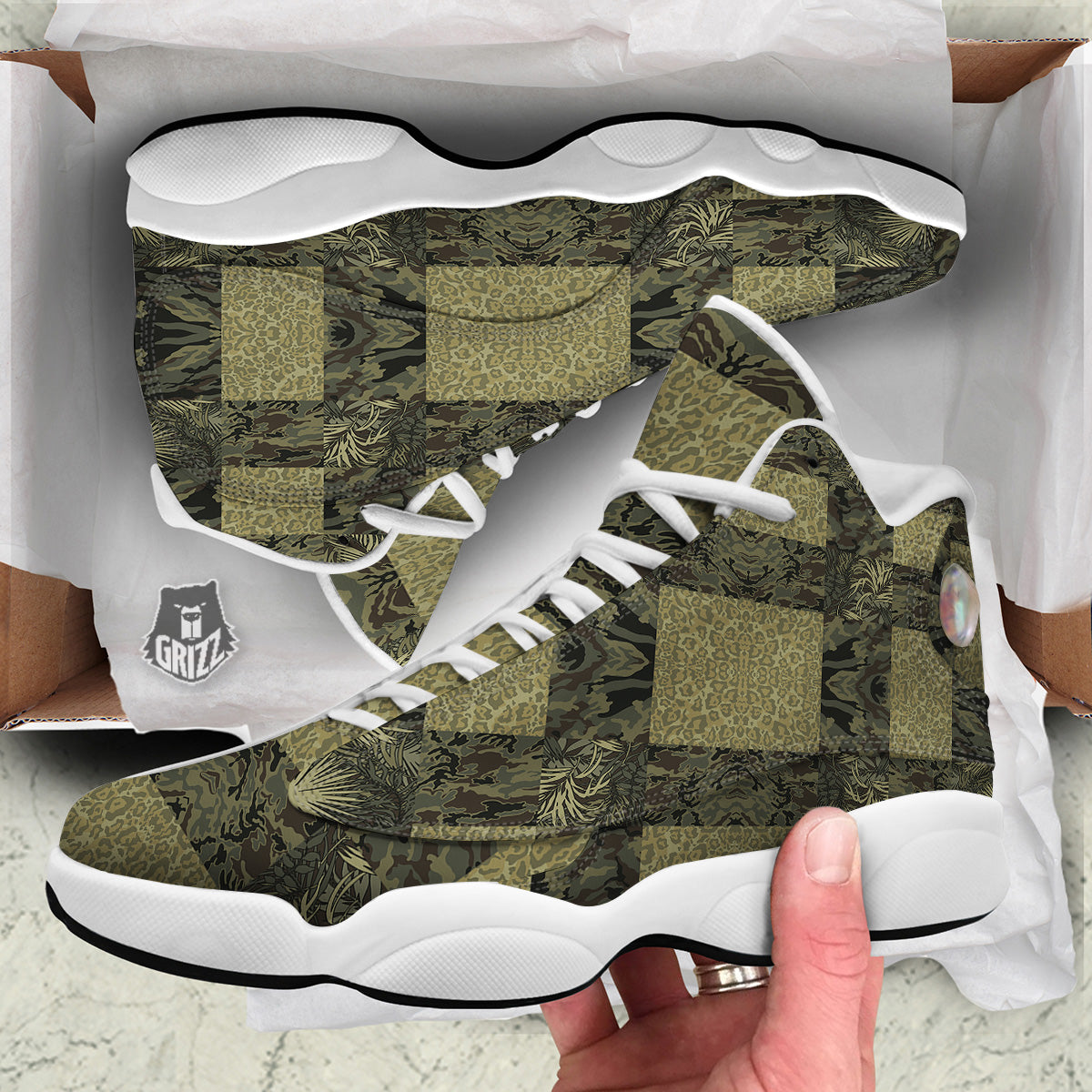 Camouflage Tropical And Leopard Print Pattern White Basketball Shoes-grizzshop