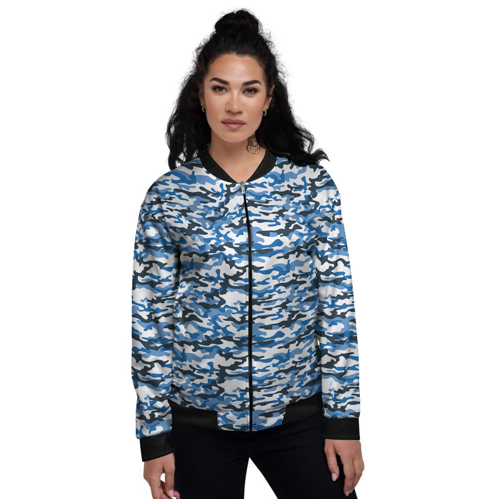 Camouflage White And Blue Print Women's Bomber Jacket-grizzshop
