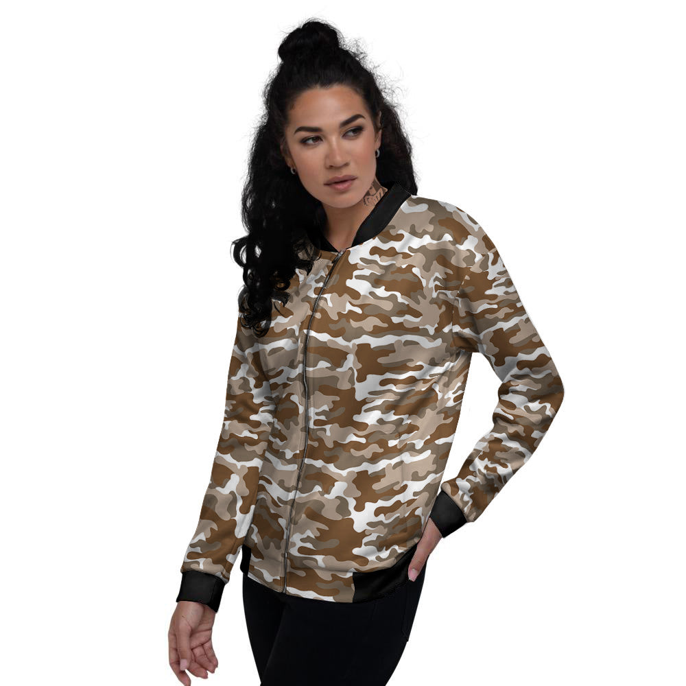 Camouflage White And Brown Print Women's Bomber Jacket-grizzshop