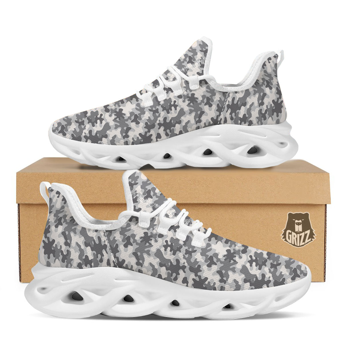 Camouflage White And Grey Print White Running Shoes-grizzshop