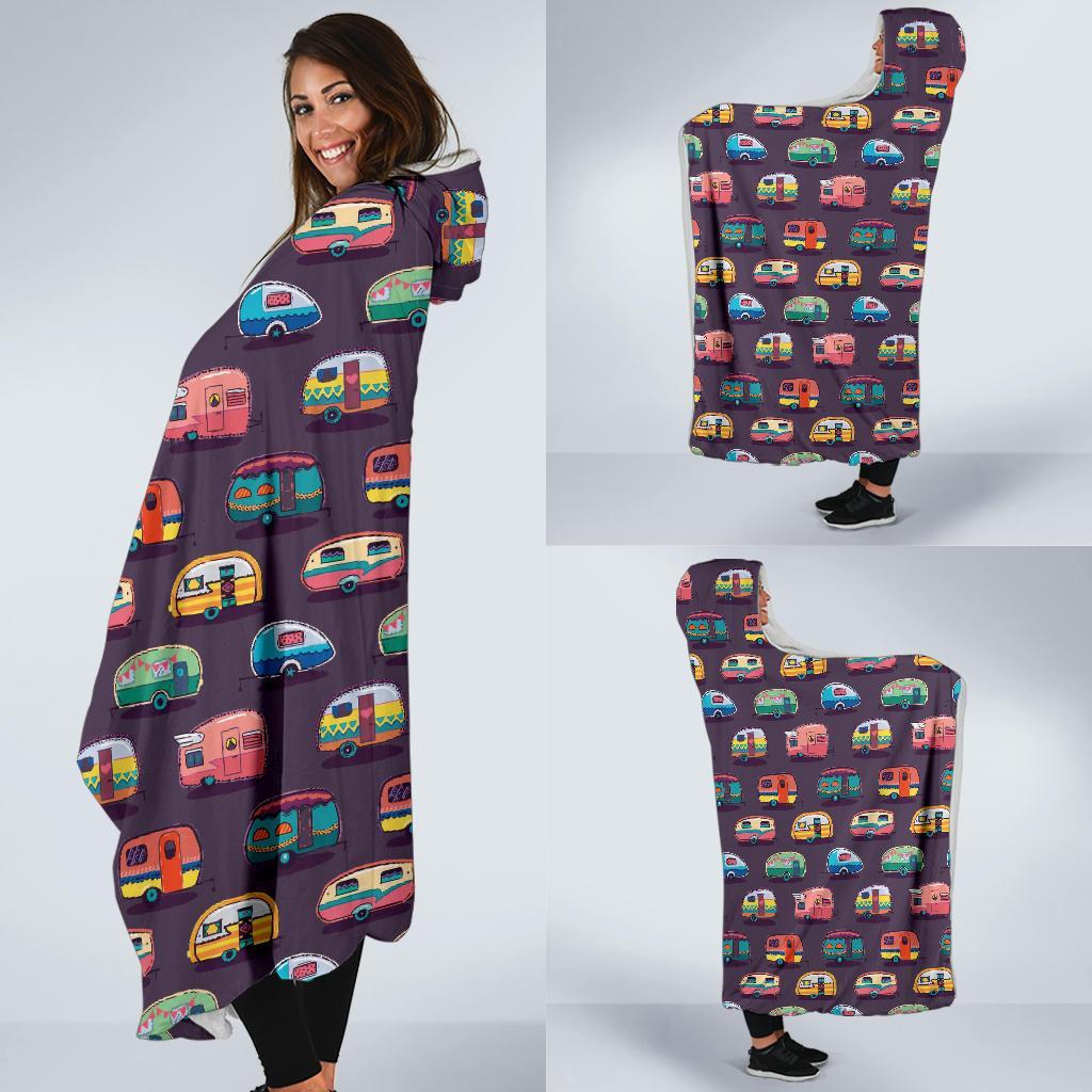 Camper Van Pattern Print Hooded Blanket-grizzshop