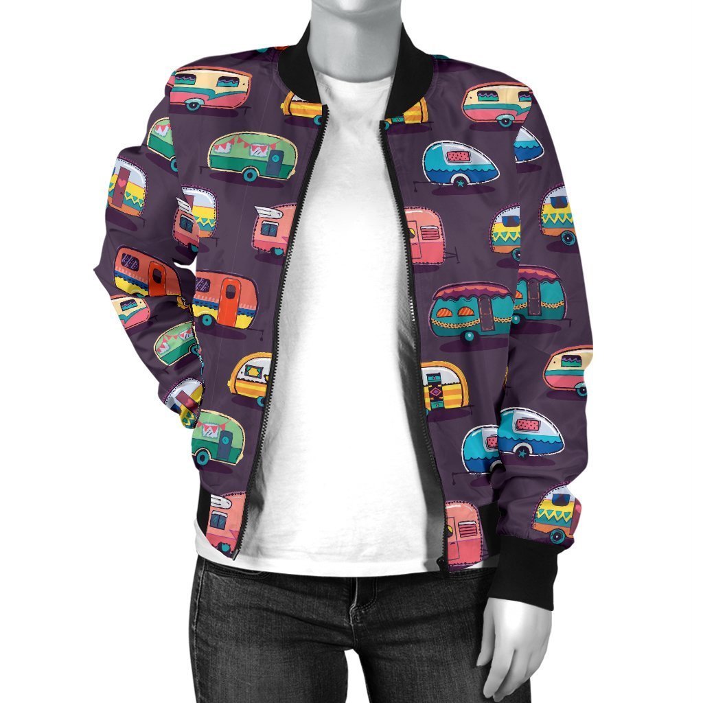 Camper Van Pattern Print Women Casual Bomber Jacket-grizzshop