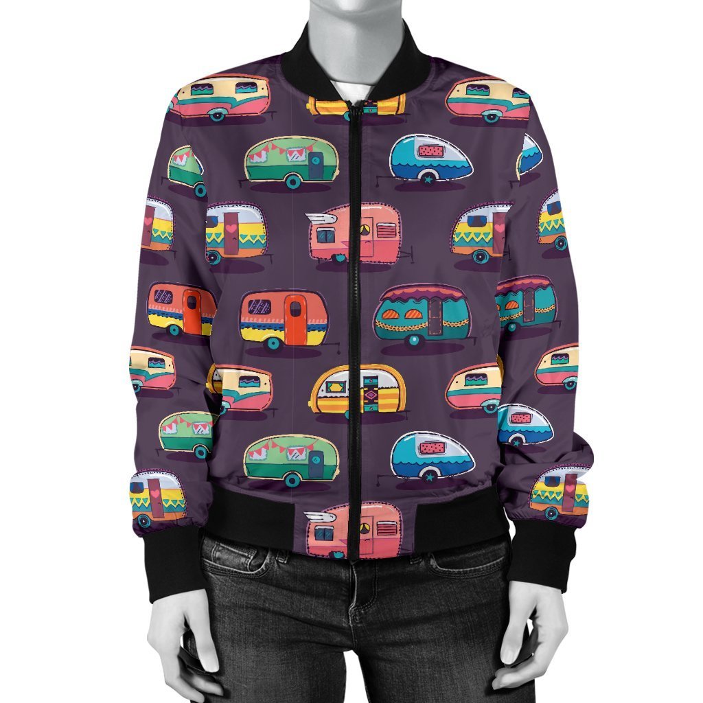 Camper Van Pattern Print Women Casual Bomber Jacket-grizzshop