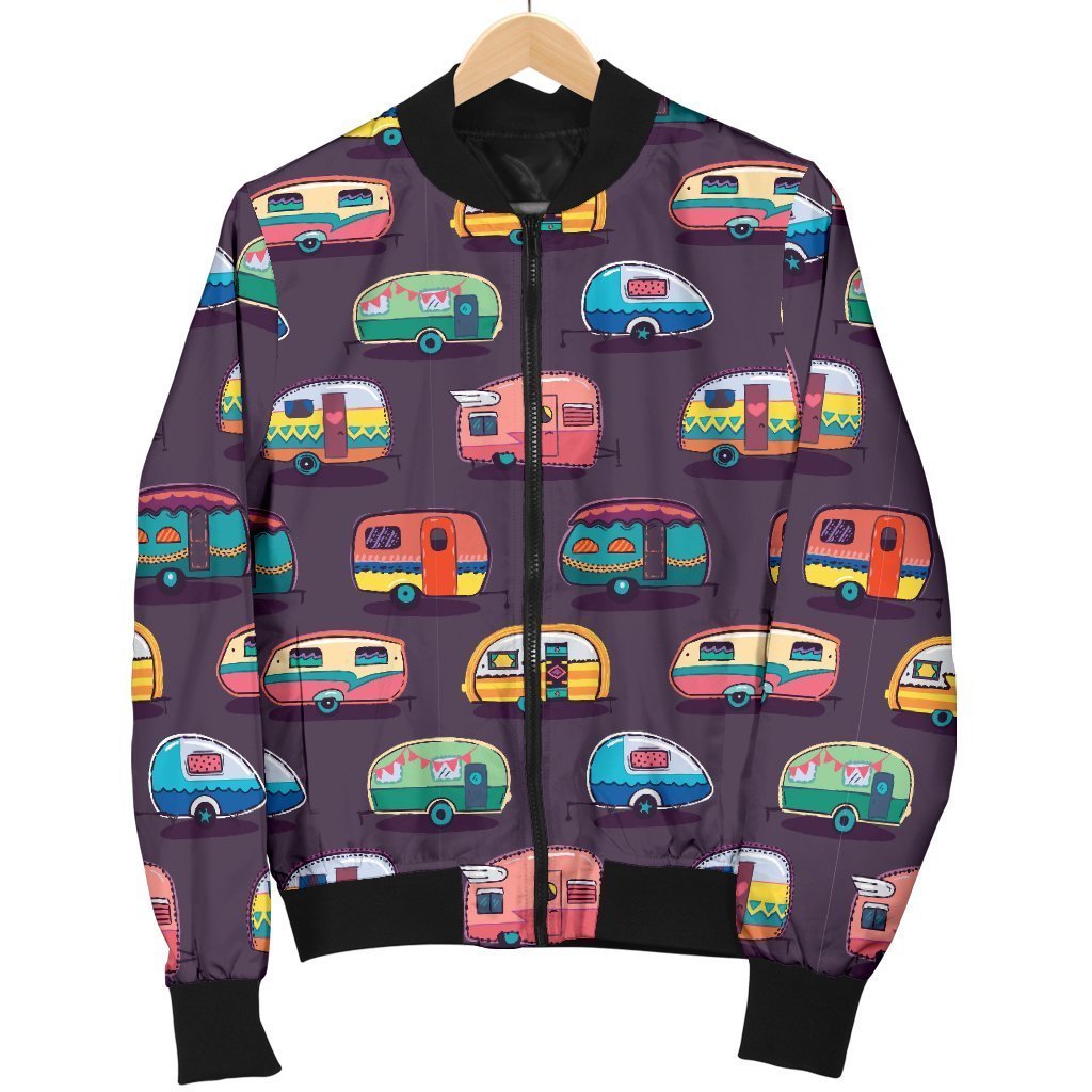 Camper Van Pattern Print Women Casual Bomber Jacket-grizzshop