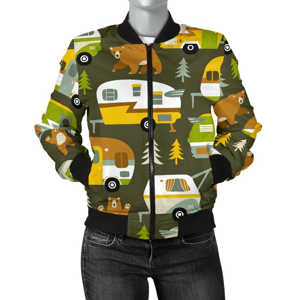 Camper Van Print Pattern Women Casual Bomber Jacket-grizzshop