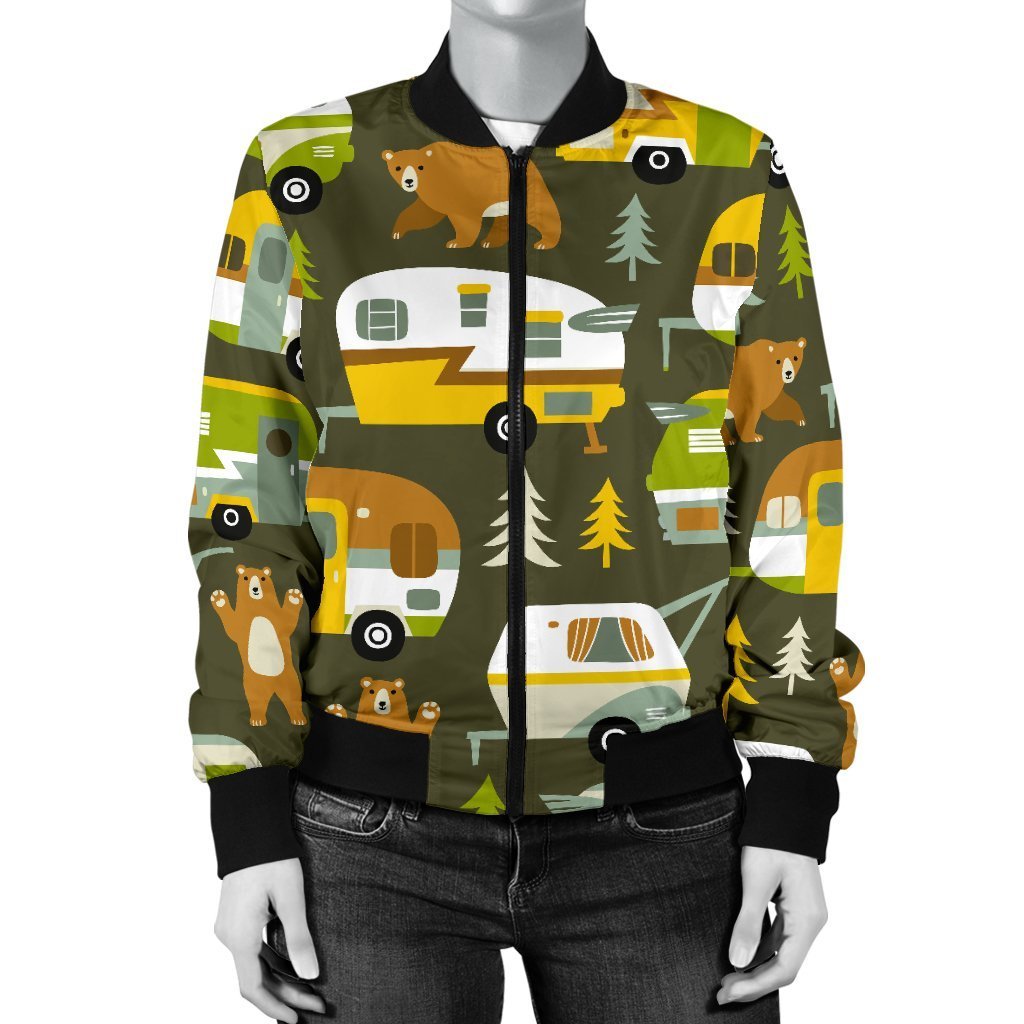 Camper Van Print Pattern Women Casual Bomber Jacket-grizzshop