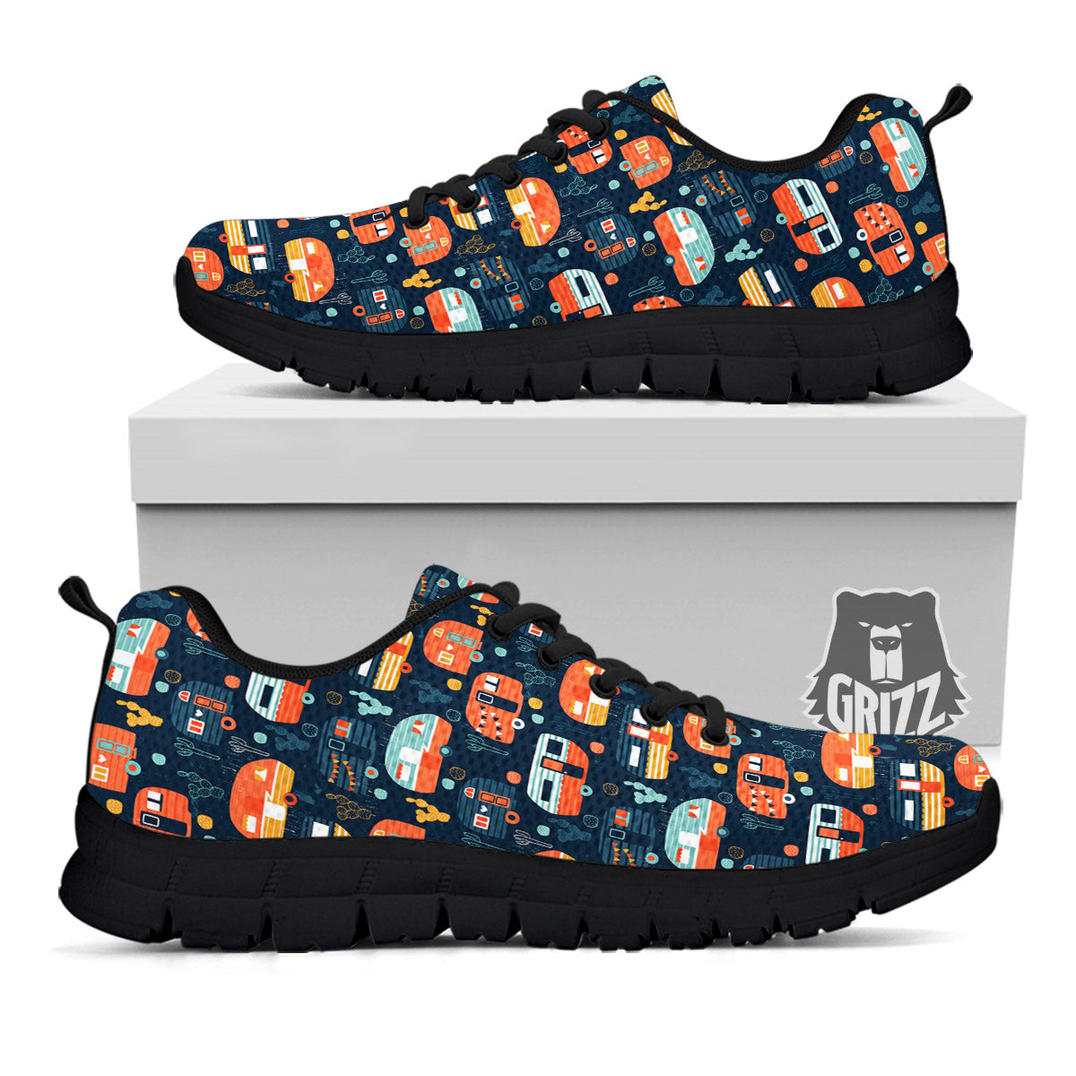 Camping Caravan Print Pattern Black Sneaker-grizzshop
