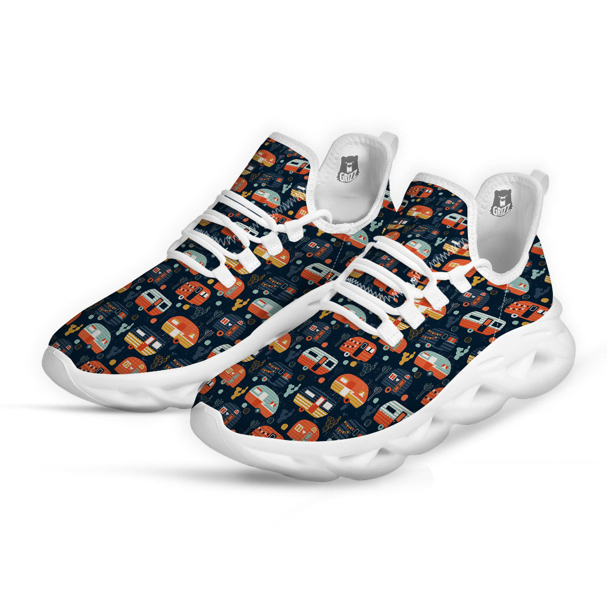 Camping Caravan Print Pattern White Running Shoes-grizzshop