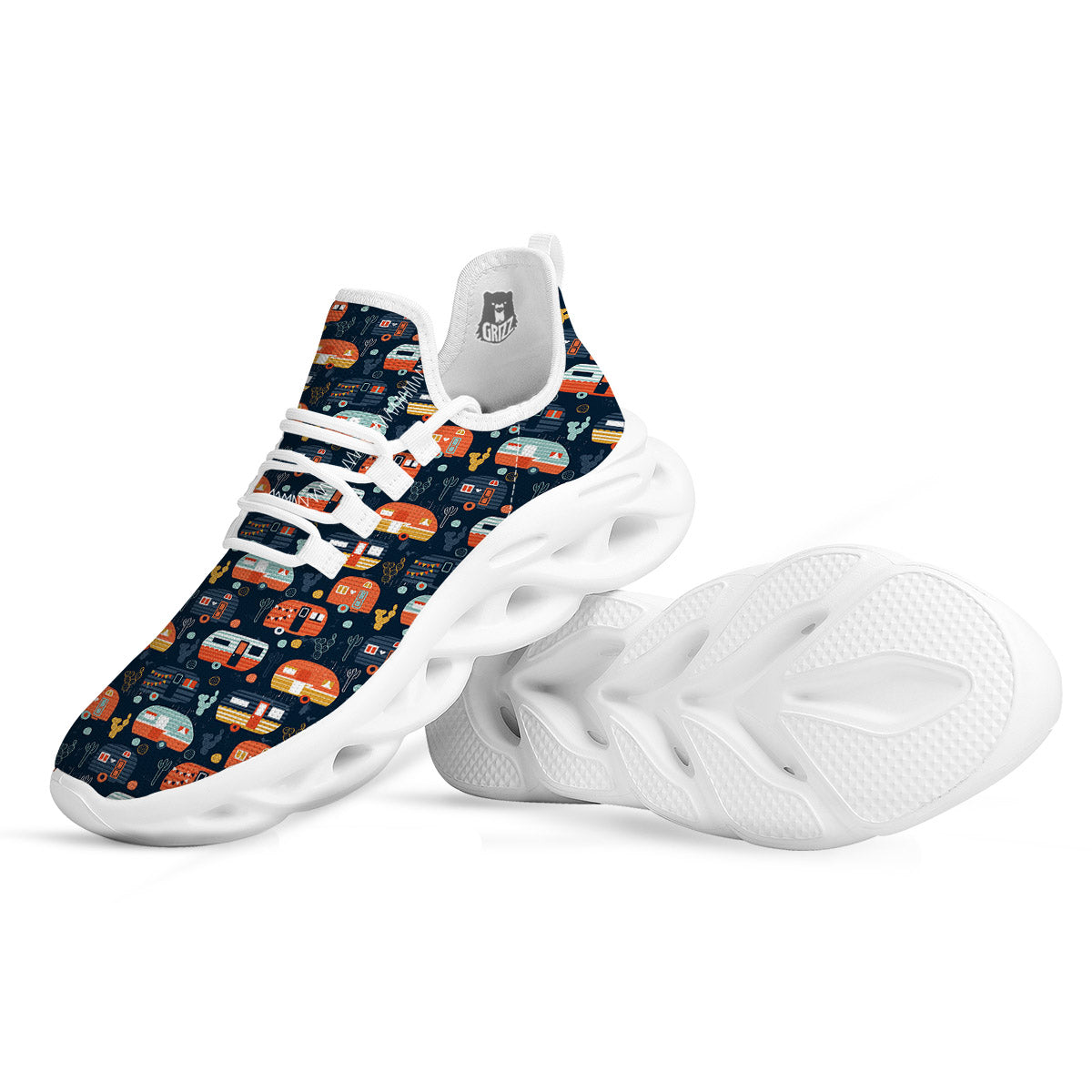 Camping Caravan Print Pattern White Running Shoes-grizzshop