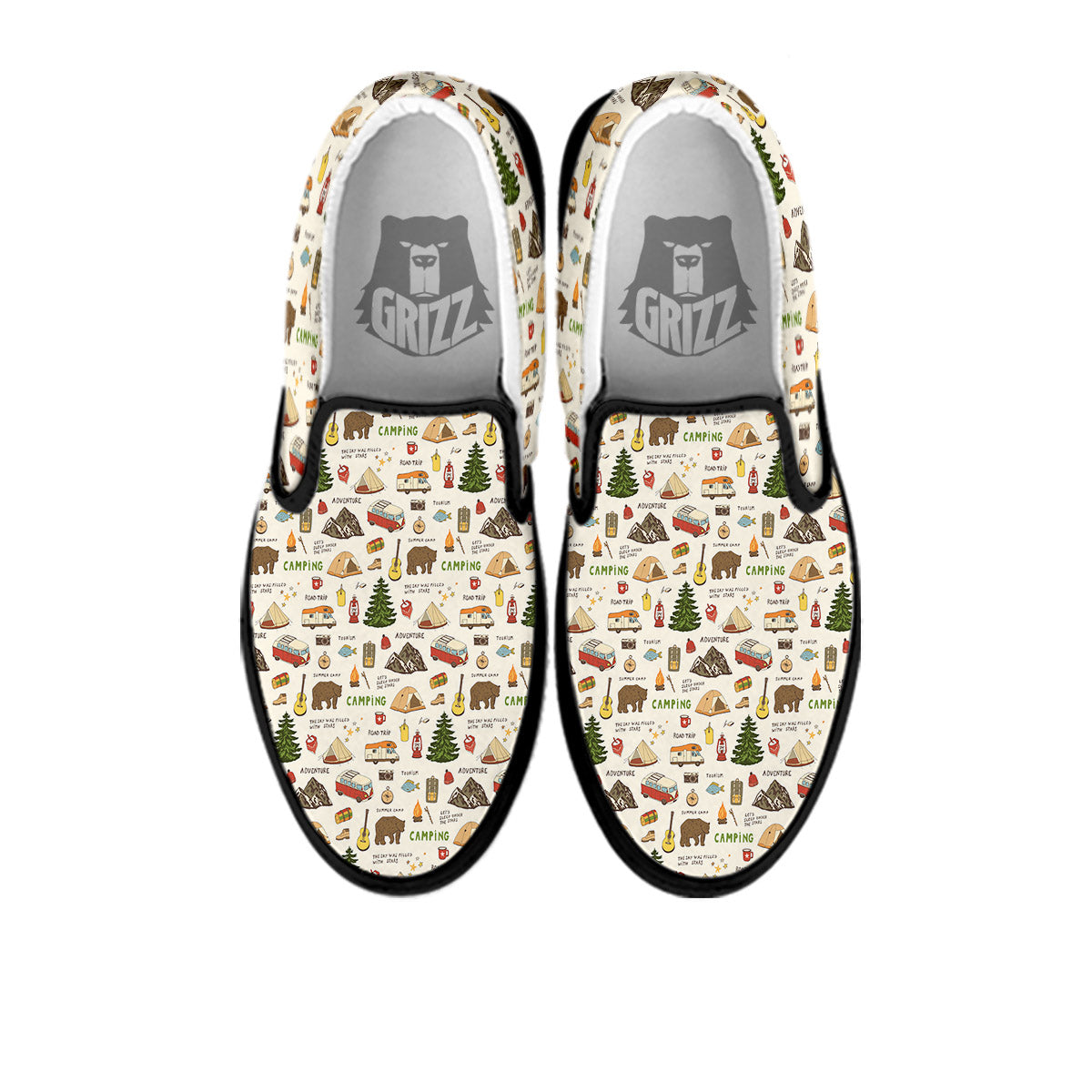 Camping Cartoon Print Pattern Black Slip On Shoes-grizzshop