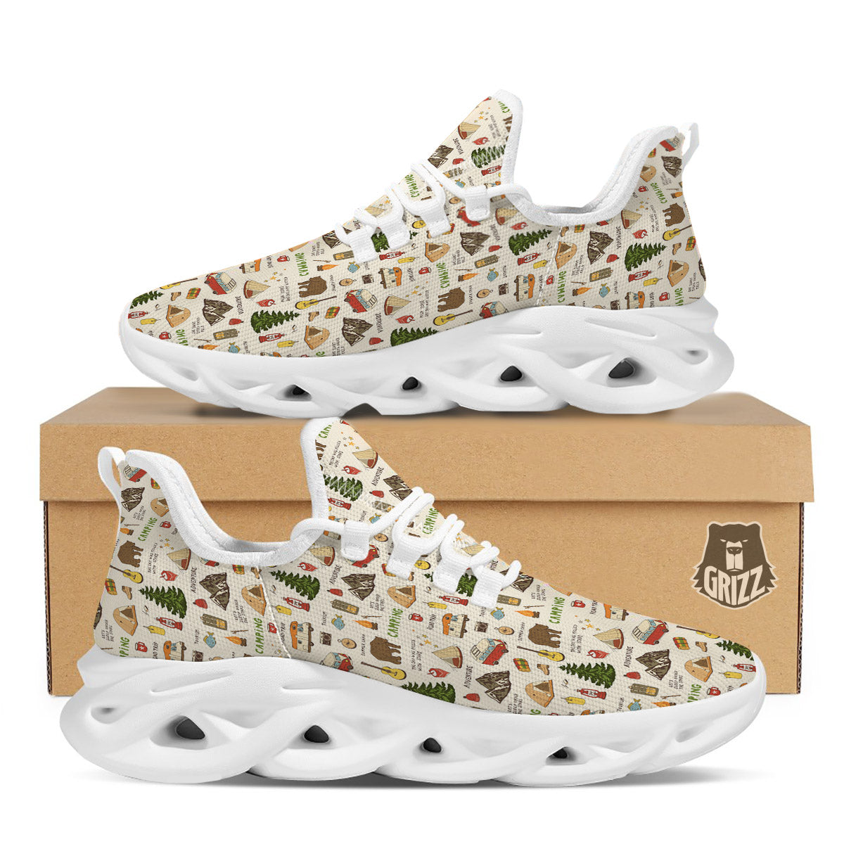 Camping Cartoon Print Pattern White Running Shoes-grizzshop
