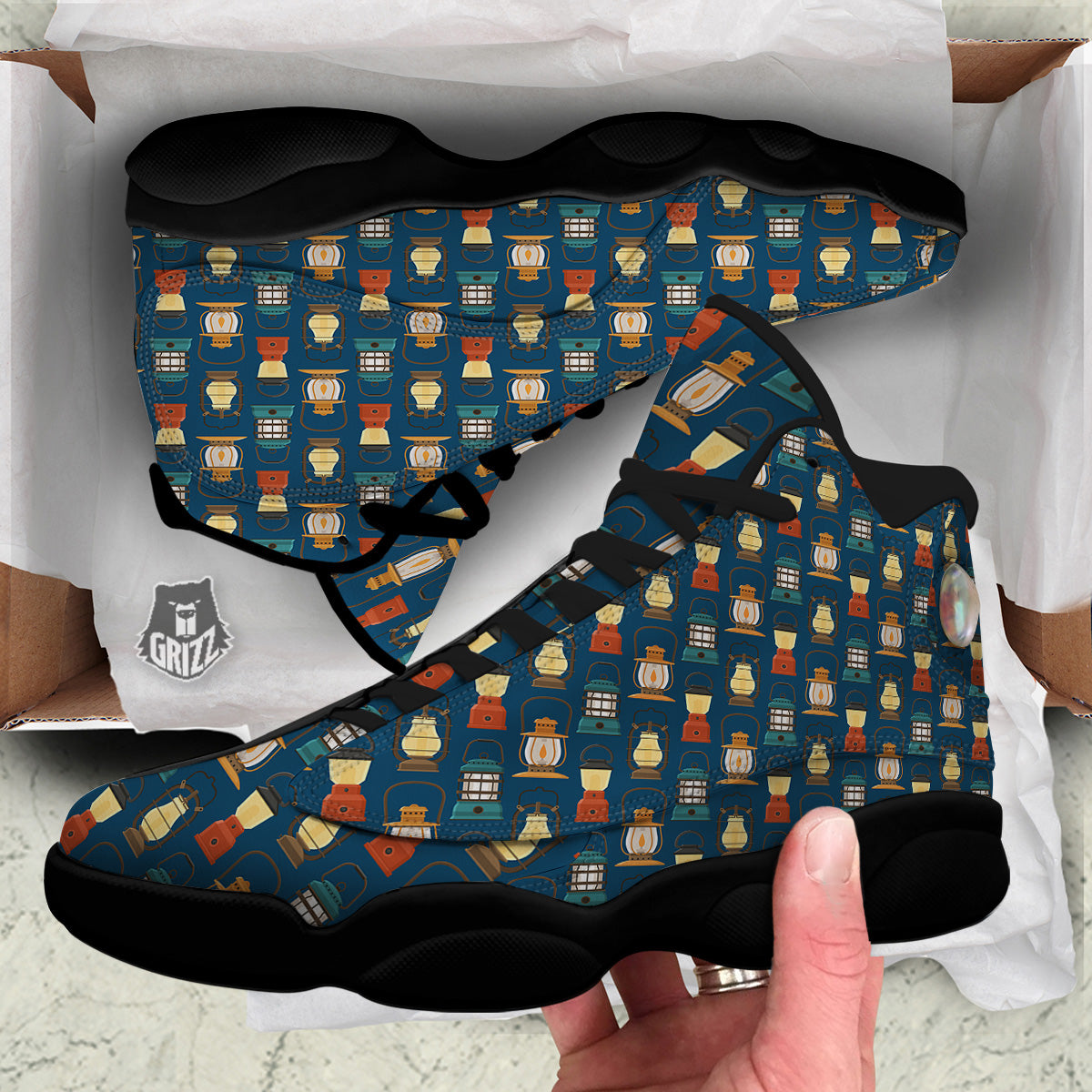 Camping Lantern Vintage Print Pattern Black Basketball Shoes-grizzshop