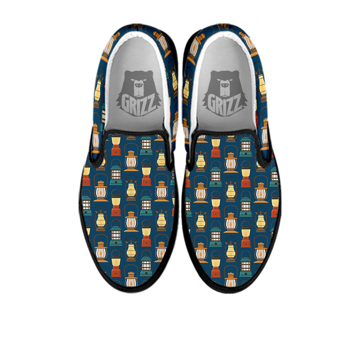 Camping Lantern Vintage Print Pattern Black Slip On Shoes-grizzshop