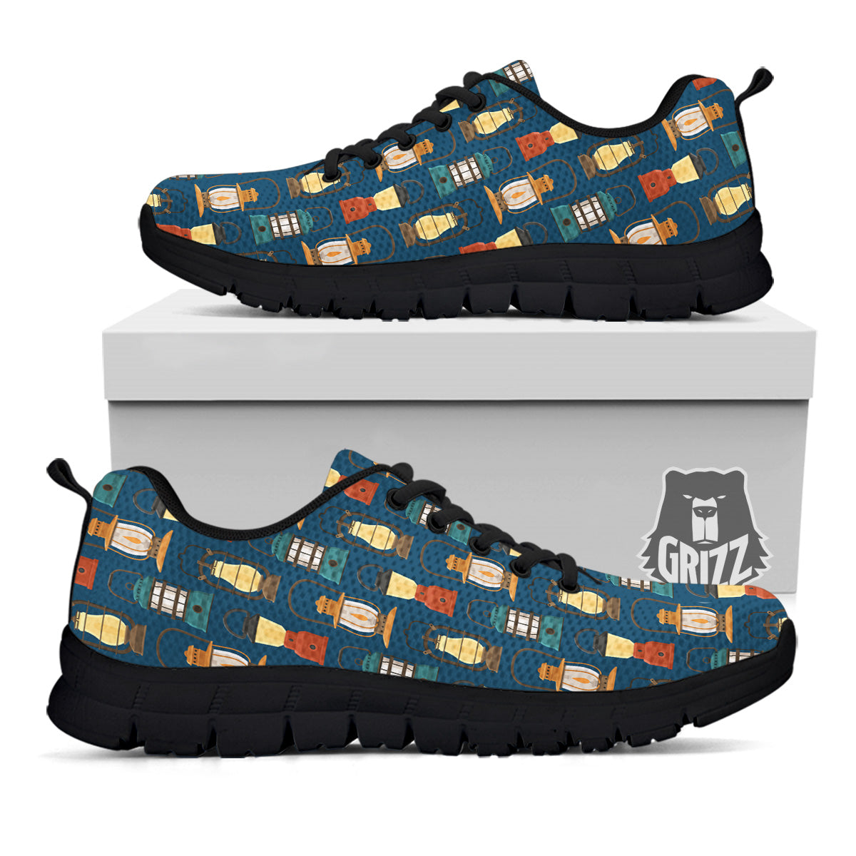 Camping Lantern Vintage Print Pattern Black Sneaker-grizzshop