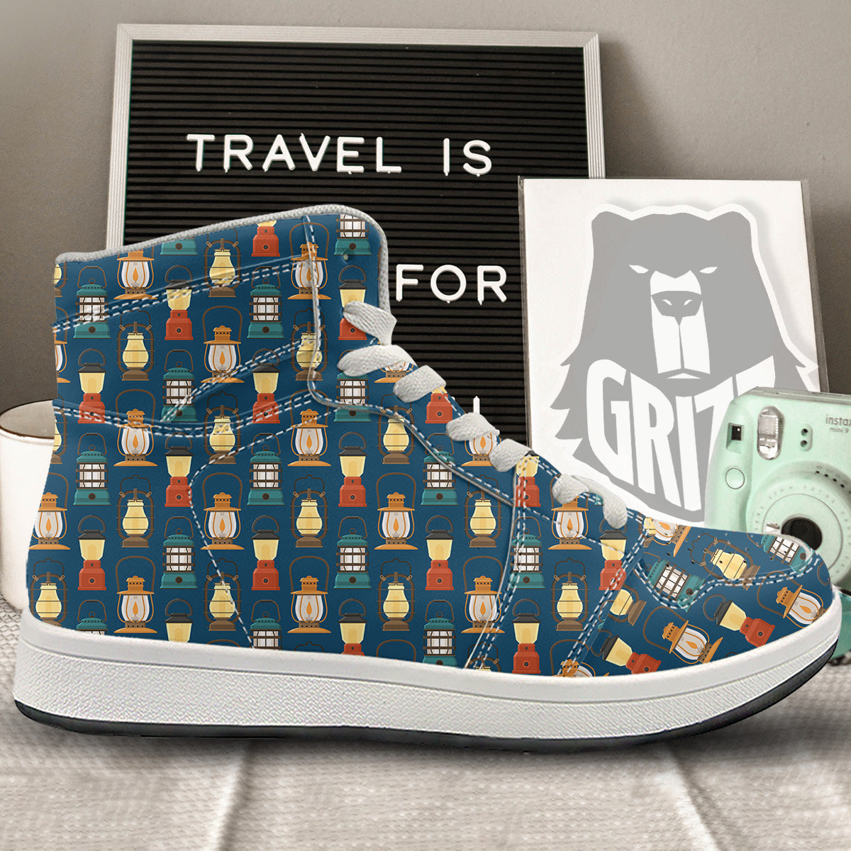 Camping Lantern Vintage Print Pattern High Top Sneakers-grizzshop