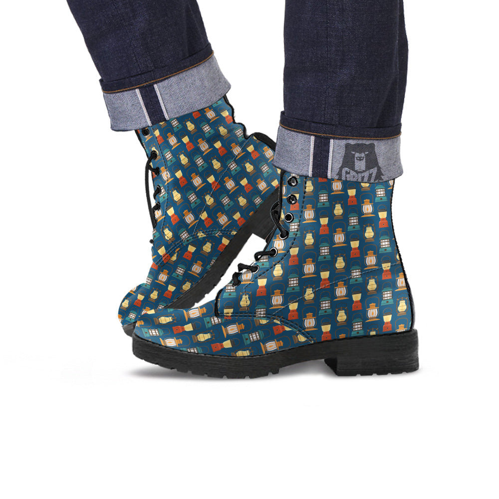 Camping Lantern Vintage Print Pattern Leather Boots-grizzshop