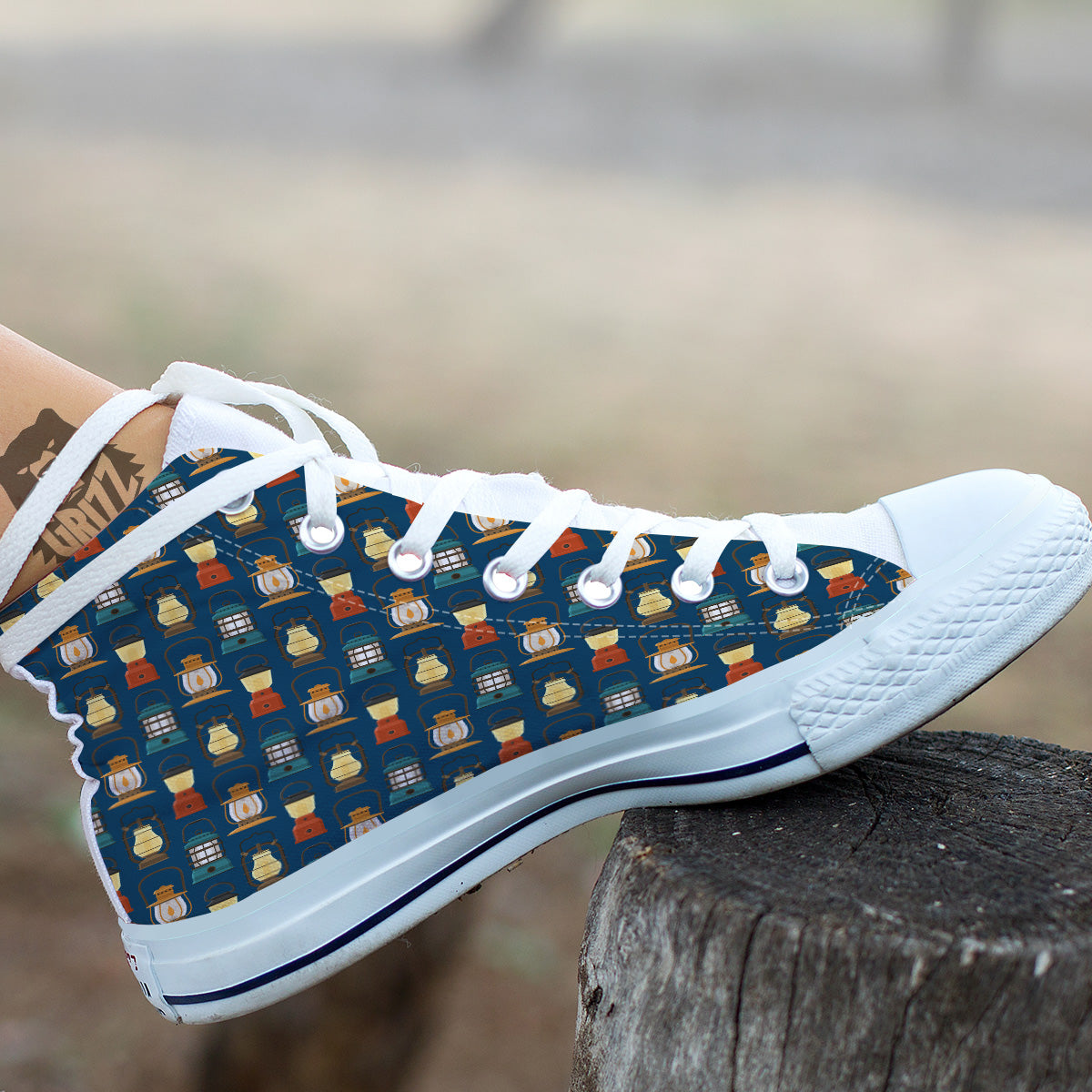 Camping Lantern Vintage Print Pattern White High Top Shoes-grizzshop