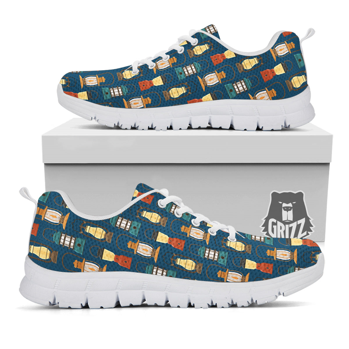 Camping Lantern Vintage Print Pattern White Sneaker-grizzshop