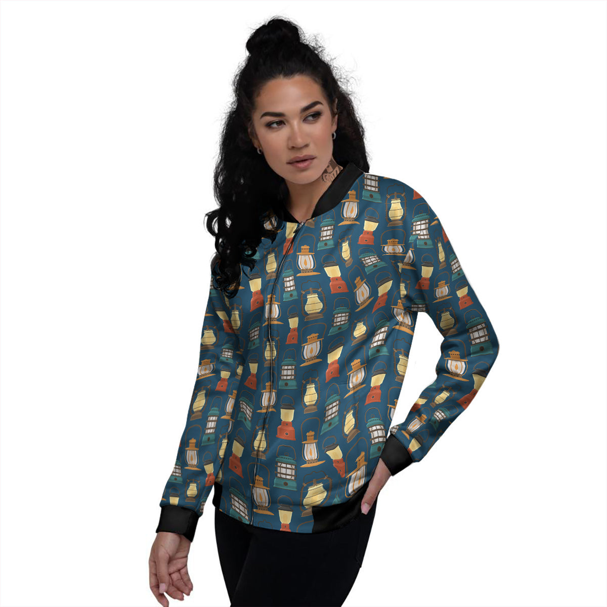 Camping Lantern Vintage Print Pattern Women's Bomber Jacket-grizzshop